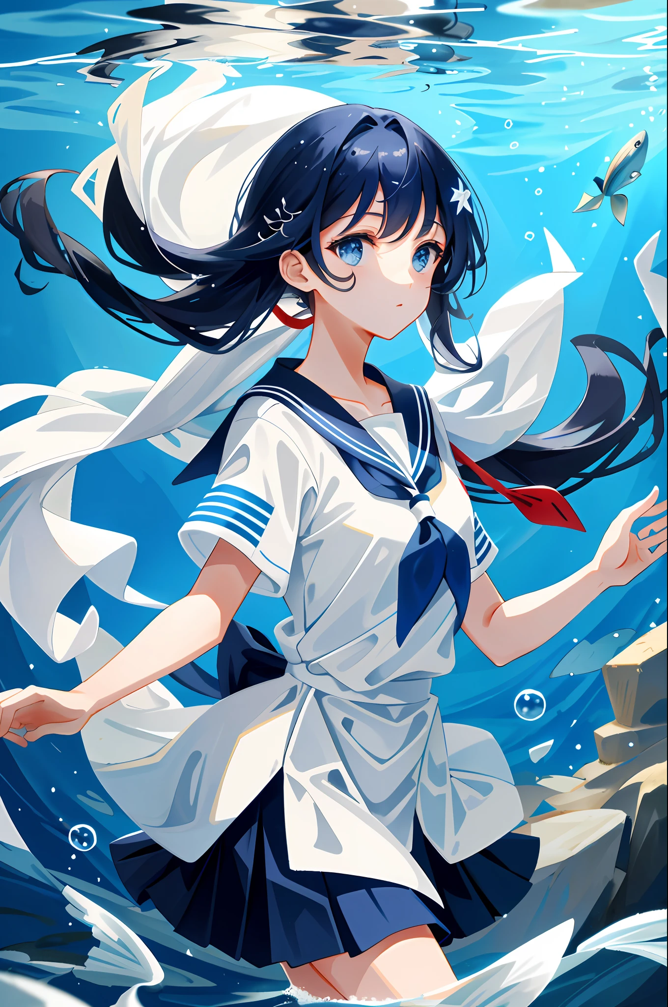 Beautiful shot of a long-haired woman in uniform and a fish in the water, sailor fuku, short sleeves, skirt and neckerchief in the water with floating air bubbles. (Rating: Safety, Air bubbles in water, submerged, impression: 1.4)