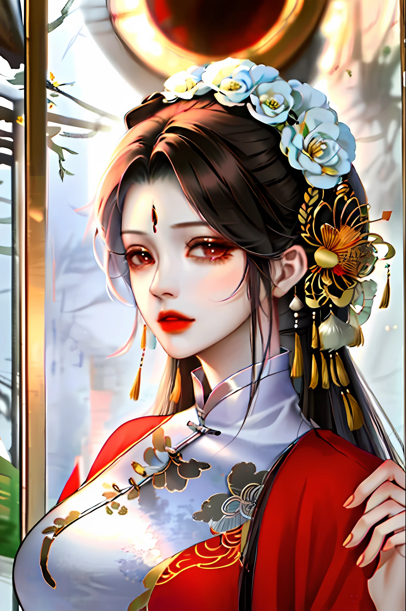 1girl,bush,fashi-girl,china dress,chinese clothes,hair flower,(masterpiece:1.4),(best quality:1.4),(shiny skin),red lips,looking at viewer,big breasts,cleft lip