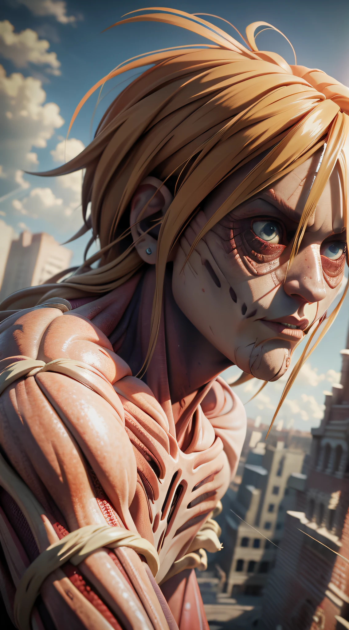 Attack on titan Annie, post apocalytic, female titan, muscular, bokeh, UHD, side lighting, ultra realistic, ray tracing