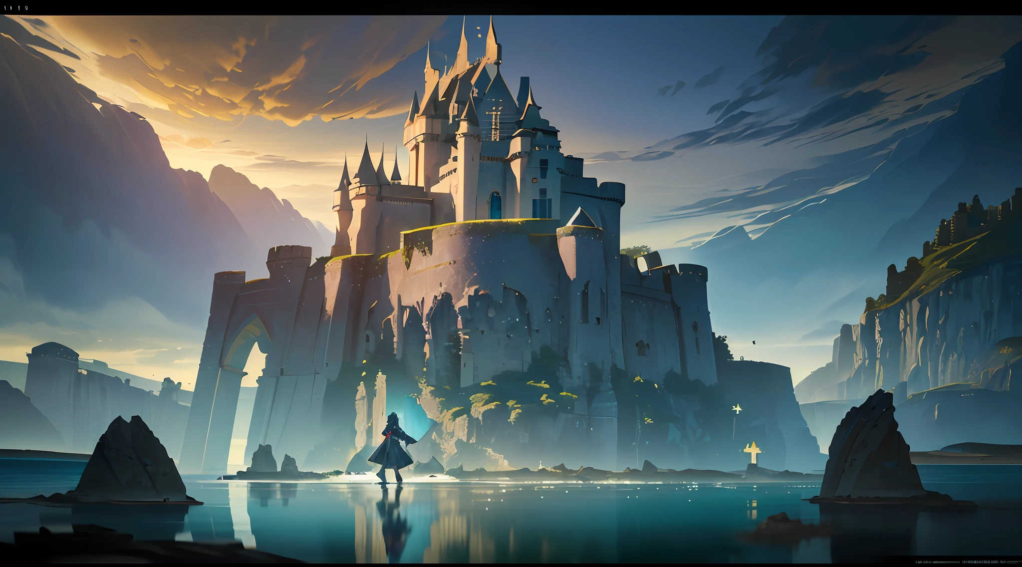 Castle Fortress, Girl Stands There, (8k, RAW Photography, Best Quality, Masterpiece: 1.2), (Realistic, Photorealistic: 1.37), Octane Rendering, Ultra High Resolution, Ultra Detail, Professional Lighting, Photon Mapping, Radiosity, Physically Based Rendering, UE5, ((((Island Sanctuary)), (Ancient Fallen Kingdom))), (Underwater Reflection))), (( Ray Tracing)), ((Drowned City))