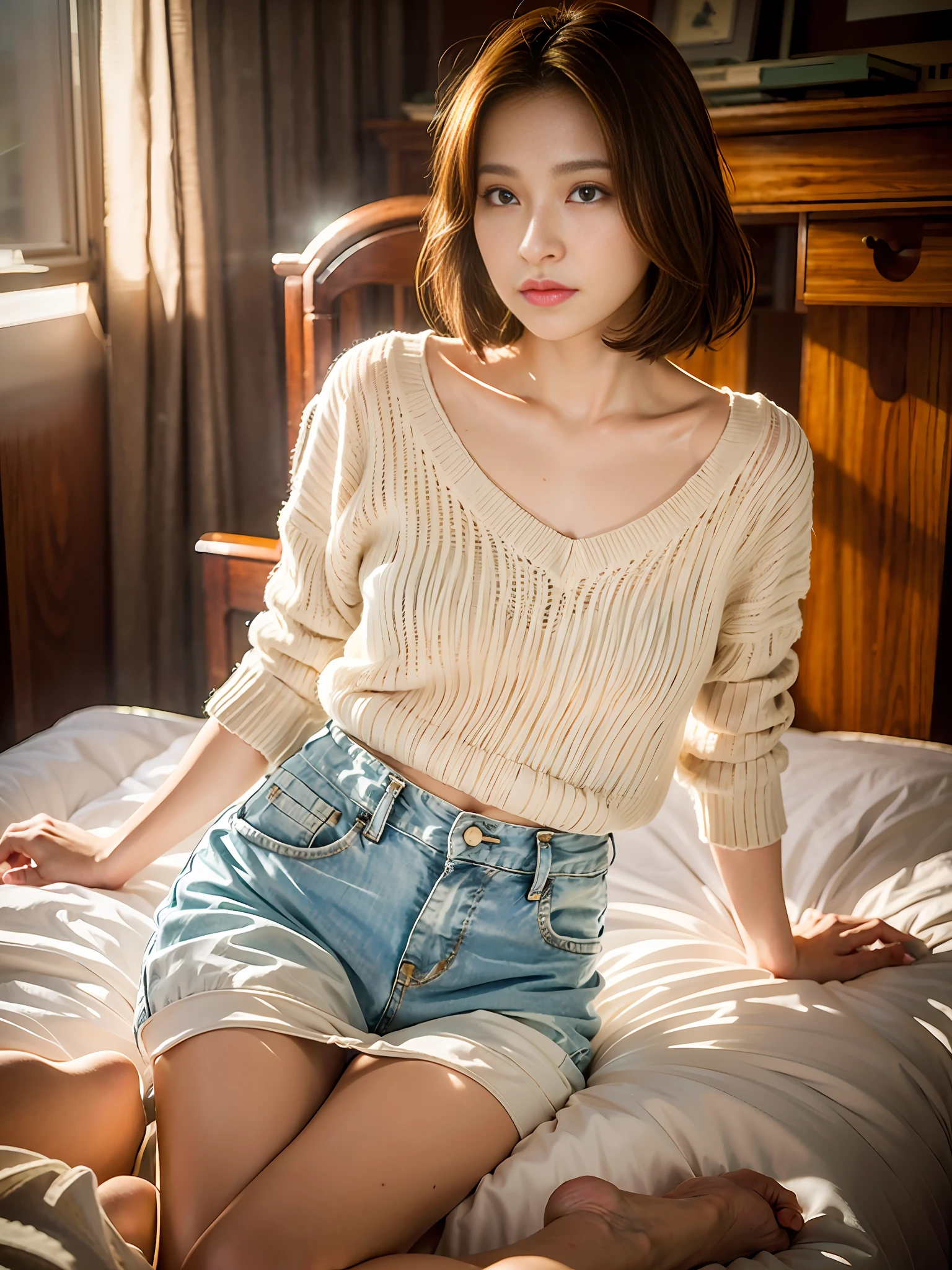 1 girl, country girl, sitting on bed, indoor, rural room background, masterpiece, best picture quality, just finished working, tired, RAW photo, best quality), (realistic, photo realistic: 1.4), masterpiece, extremely delicate beautiful, very detailed, 2k wallpaper, amazing, fine details, extremely detailed CG Unity 8k wallpaper, super detailed, high resolution, soft light, beautiful detailed girl, perfect anatomy, soft light, slender body, (((long hair: 1.5 )))