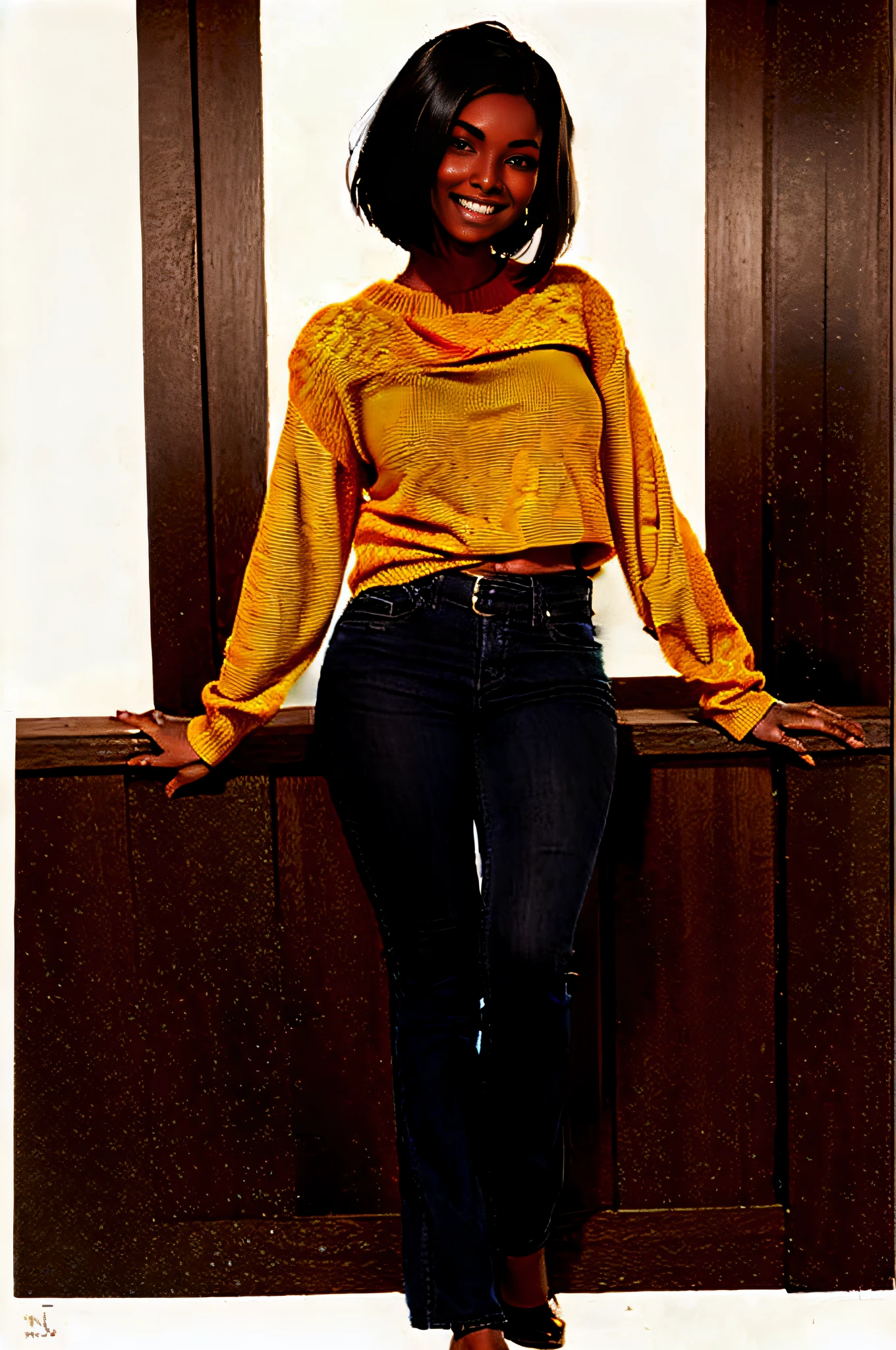 smiling black woman in yellow sweater and jeans posing for a photo, full body full body photo, full body photo centered, young black woman posing for a photo, (((Gabrielle Union)),, intricate, "Gabrielle Union, photo of a black woman, hyperrealistic, hyperrealistic", realistic, very dark brown skin!, elegant black hair!!!, shoulder-length black hair, Smooth contours defined!!, dark black skin tone, brown skin. light makeup, medium length black hair, black bob haircut, beautiful whole face, dark skin, gorgeous gorgeous, gorgeous cute, woman with long black hair wearing a gold jacket, jaw-dropping beauty
