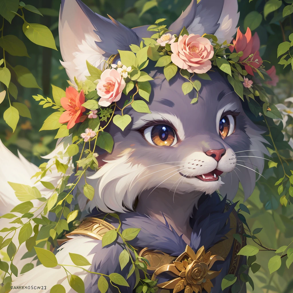 super fine illustration(enchanted forest, leaves, flowers, vines, flower)depth of field(highly detailed beautiful face and eyes)absurdres perfect anatomy(angelic cute 1boy solo focus)(furry anthro:1.2)(fur covered body animal facial features animal body features)(animal muzzle highly detailed fur)(chibi:0.7)full body open mouth(dynamic pose),