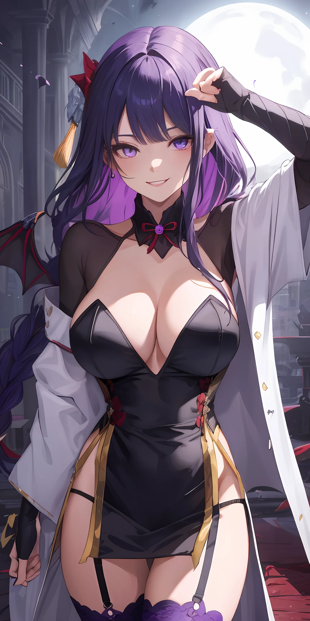 Vampire, bat wings, night sky, red moon, yandere smile, psychopathic smile, blood on face, blooded background, evil smile, teeth fangs, eyes shaped symbol| + |, cleavage, hq, 8k, large breasts, revealing cleavage, pulling dress down, big boobs, squeezing breasts, lustful face, biting lips, blushing, vivid colours, high contrast, colorful, wallpaper, purple underwear, Chinese dress, garter belt, purple panties, pantie flash, visible panty, pantyhose, Chinese dress