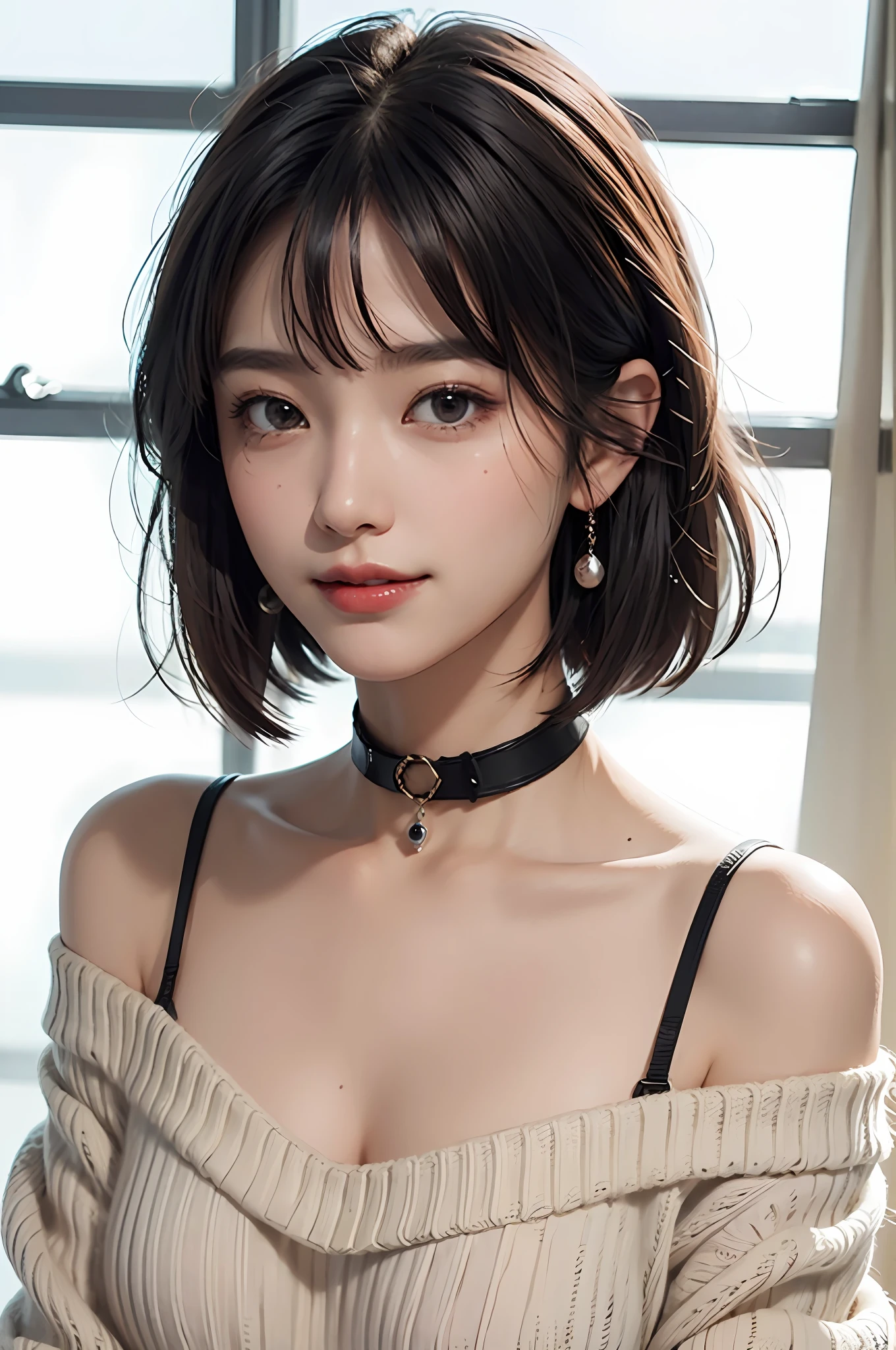 Top Quality, Masterpiece, Ultra High Resolution, Photorealistic, 1 Girl, Off Shoulder, Red Knit, Knit, Blue Knit, Innerwear, Smile, Smile, Slightly Visible, oversized_sweater, Soft Lighting, Detailed Skin, Bangs, Black Hair, Clear Eyes, Short Bob Hair, Very Short, Transparency, Japan, Korean, Beautiful Woman, Upper Eyes, Lip gloss, thick black choker, teardrops, chest mole, highlights in the eyes