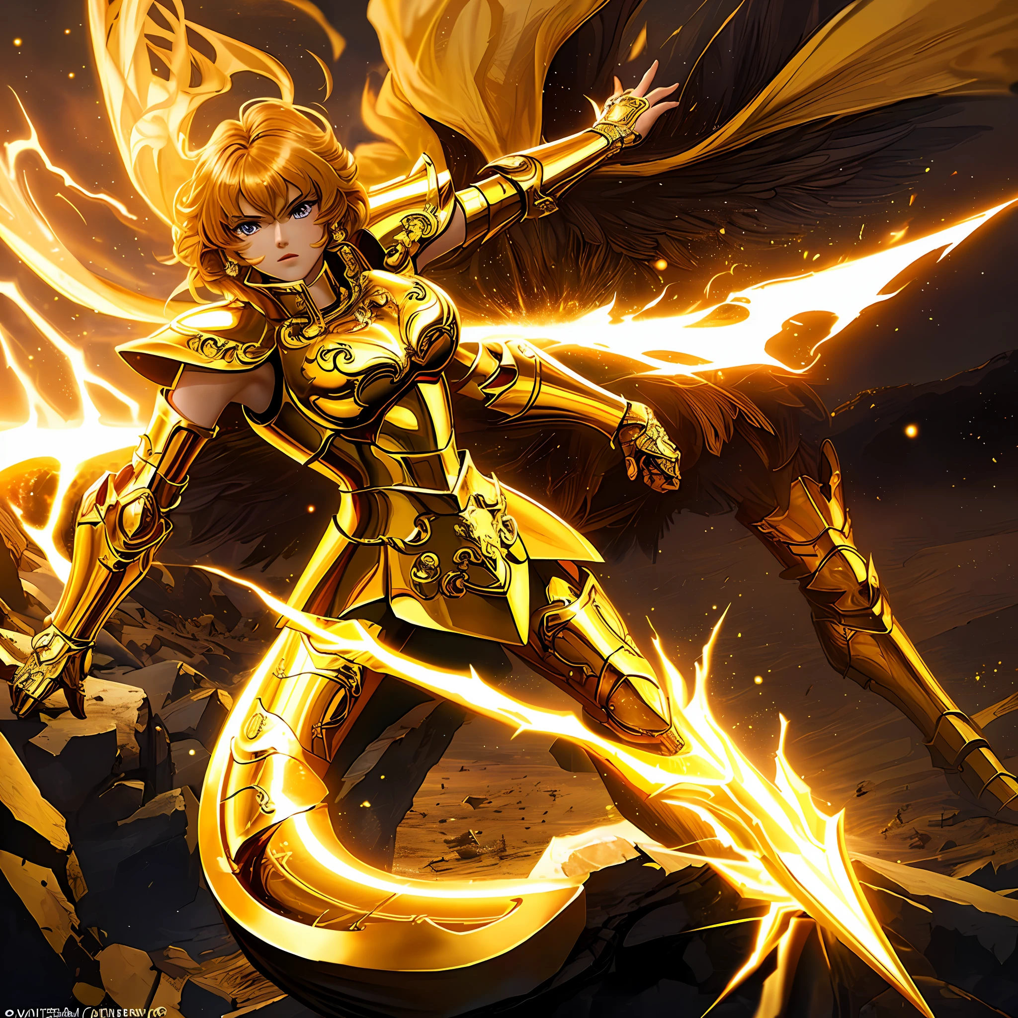 (masterpiece), (best quality), (1girl), girl in golden armor, cool pose, battle field background, fire background, saint seiya armor, messy hair