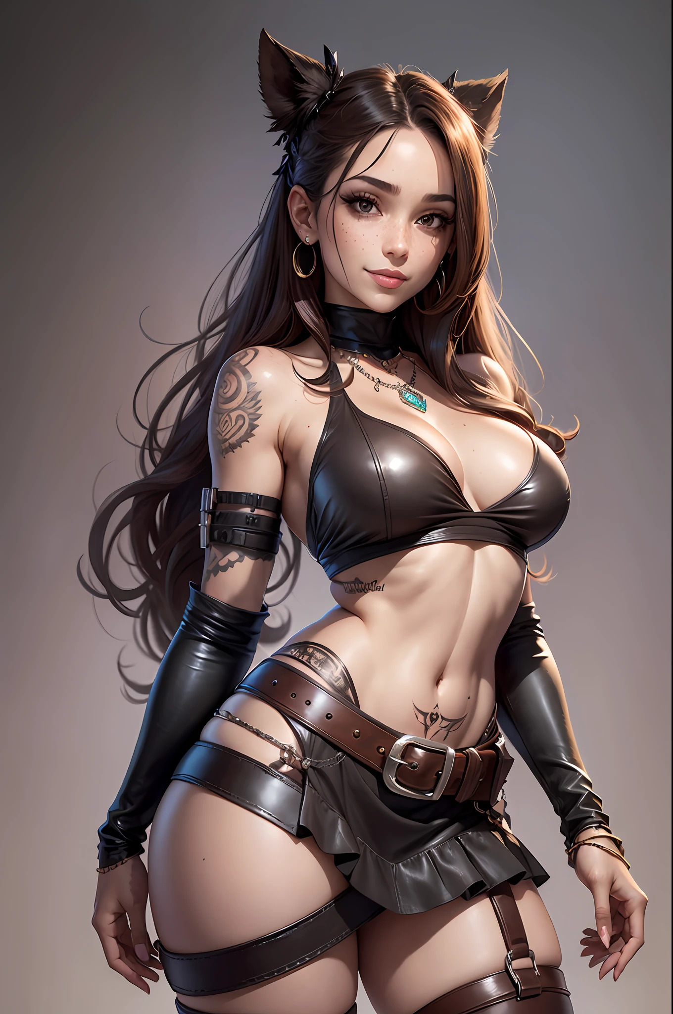 Beautiful woman, skirt, in a cosplay outfit, gorgeous brown eyes, intricate, décolleté, soft lips, smile, mischievous, seductive look, freckles, tattoo on the stomach, a lot of jewelry, tightened with leather belts, arm wrapped in a bandage