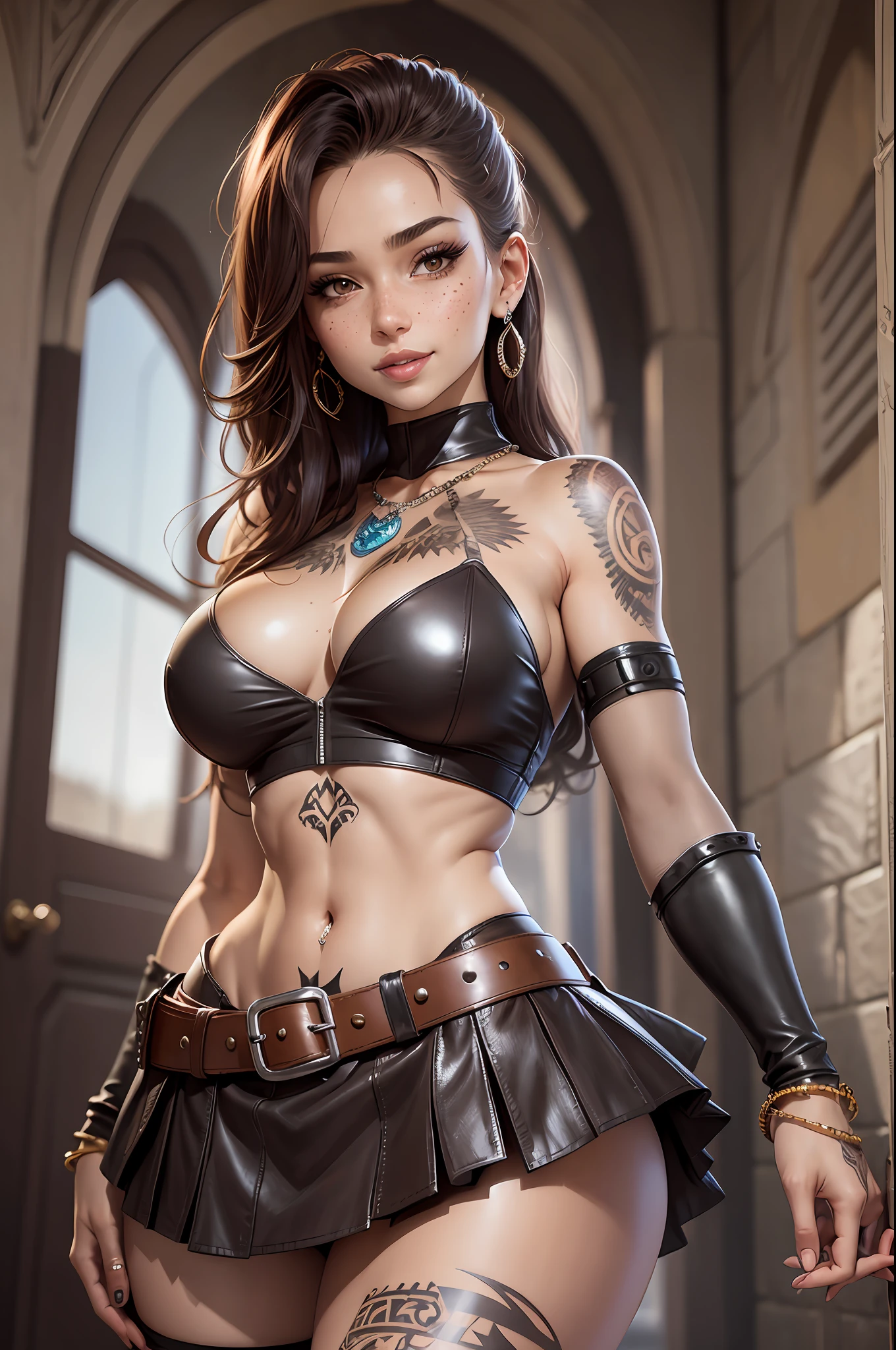 Beautiful woman, skirt, in a cosplay outfit, gorgeous brown eyes, intricate, décolleté, soft lips, smile, mischievous, seductive look, freckles, tattoo on the stomach, a lot of jewelry, tightened with leather belts, arm wrapped in a bandage