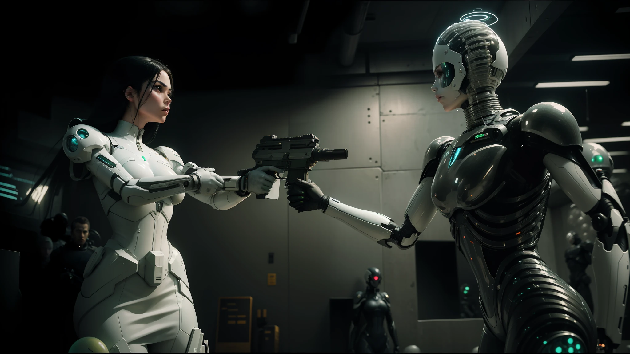 arafed woman holding a gun in front of a wall of balloons, still frame from prometheus, nekro xiii, wearing futuristic white suit, björk, rifles, porcelain japanese mannequins, girl wearing robotic suit, film still of kim kardashian, green arms, gloss, soldiers --ar 16:9 --auto --s2