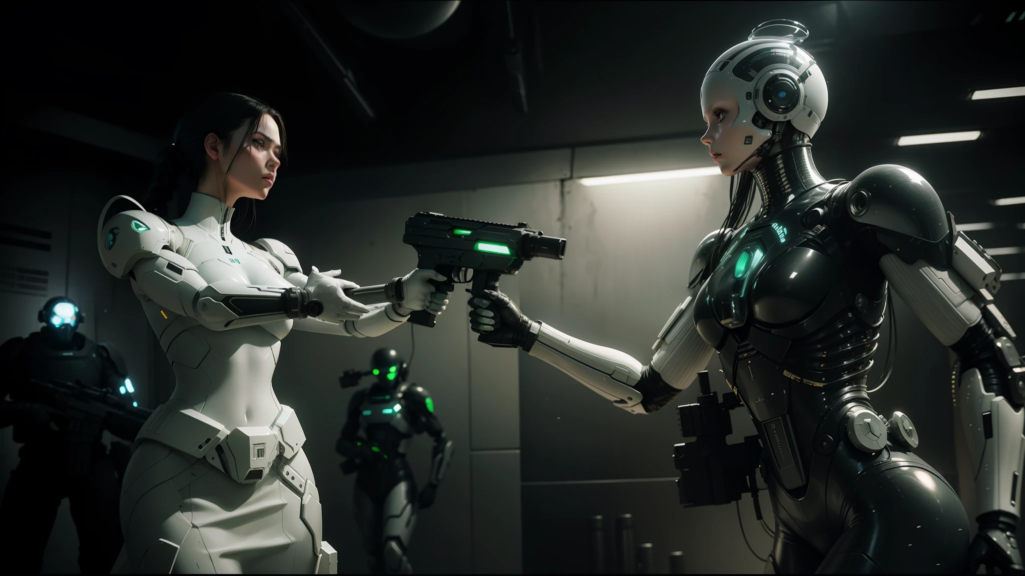 arafed woman holding a gun in front of a wall of balloons, still frame from prometheus, nekro xiii, wearing futuristic white suit, björk, rifles, porcelain japanese mannequins, girl wearing robotic suit, film still of kim kardashian, green arms, gloss, soldiers --ar 16:9 --auto --s2