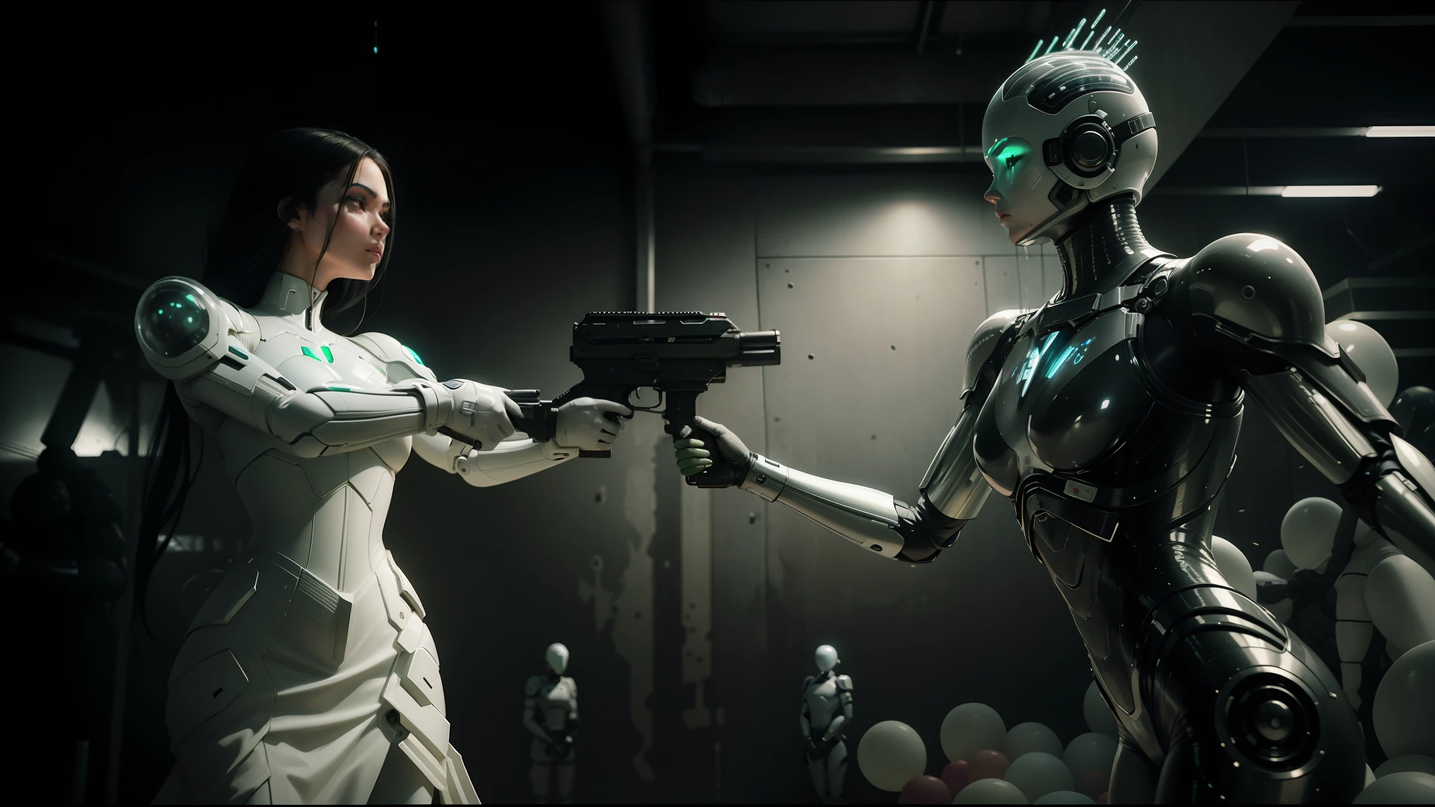 arafed woman holding a gun in front of a wall of balloons, still frame from prometheus, nekro xiii, wearing futuristic white suit, björk, rifles, porcelain japanese mannequins, girl wearing robotic suit, film still of kim kardashian, green arms, gloss, soldiers --ar 16:9 --auto --s2