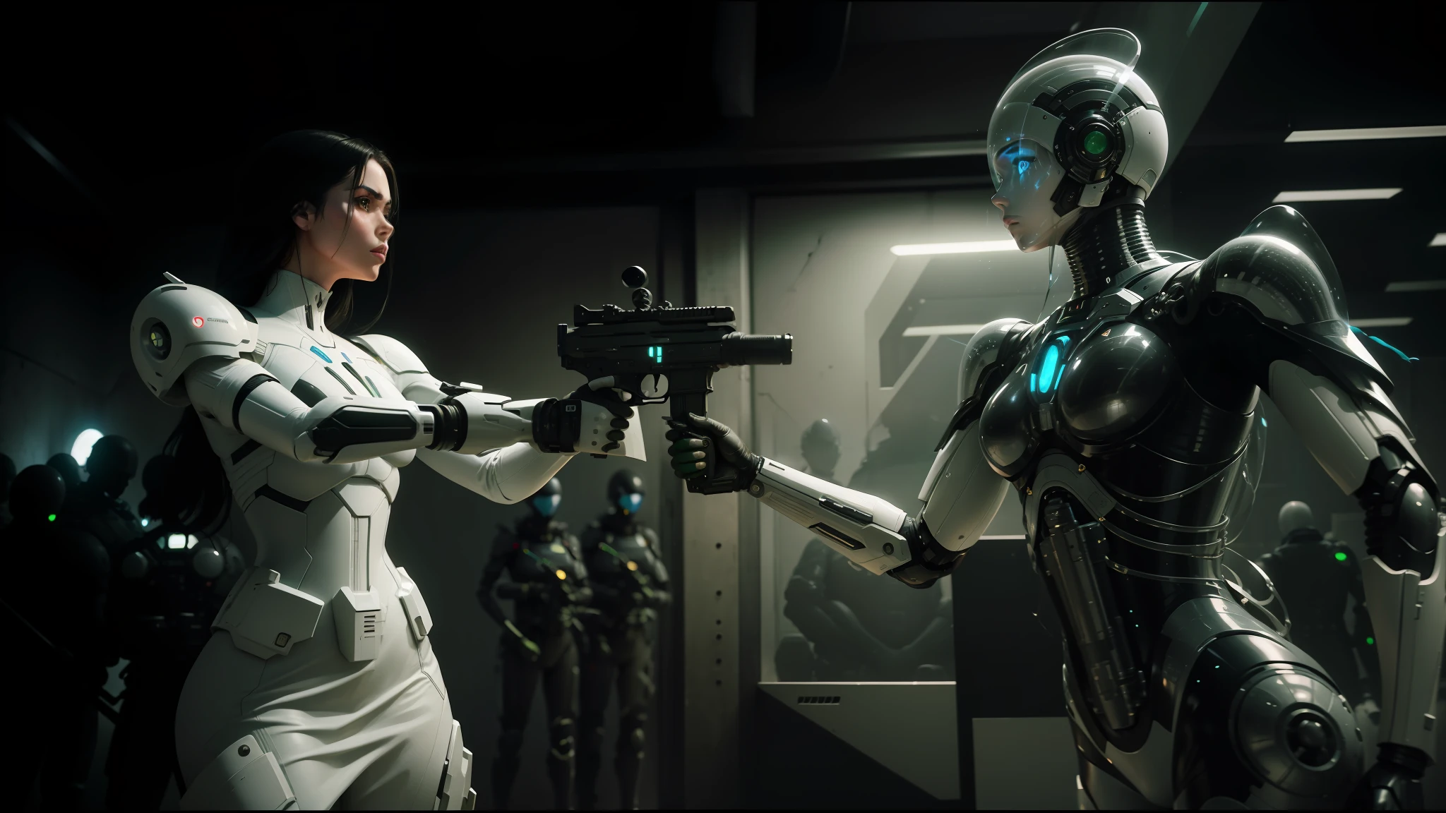 arafed woman holding a gun in front of a wall of balloons, still frame from prometheus, nekro xiii, wearing futuristic white suit, björk, rifles, porcelain japanese mannequins, girl wearing robotic suit, film still of kim kardashian, green arms, gloss, soldiers --ar 16:9 --auto --s2