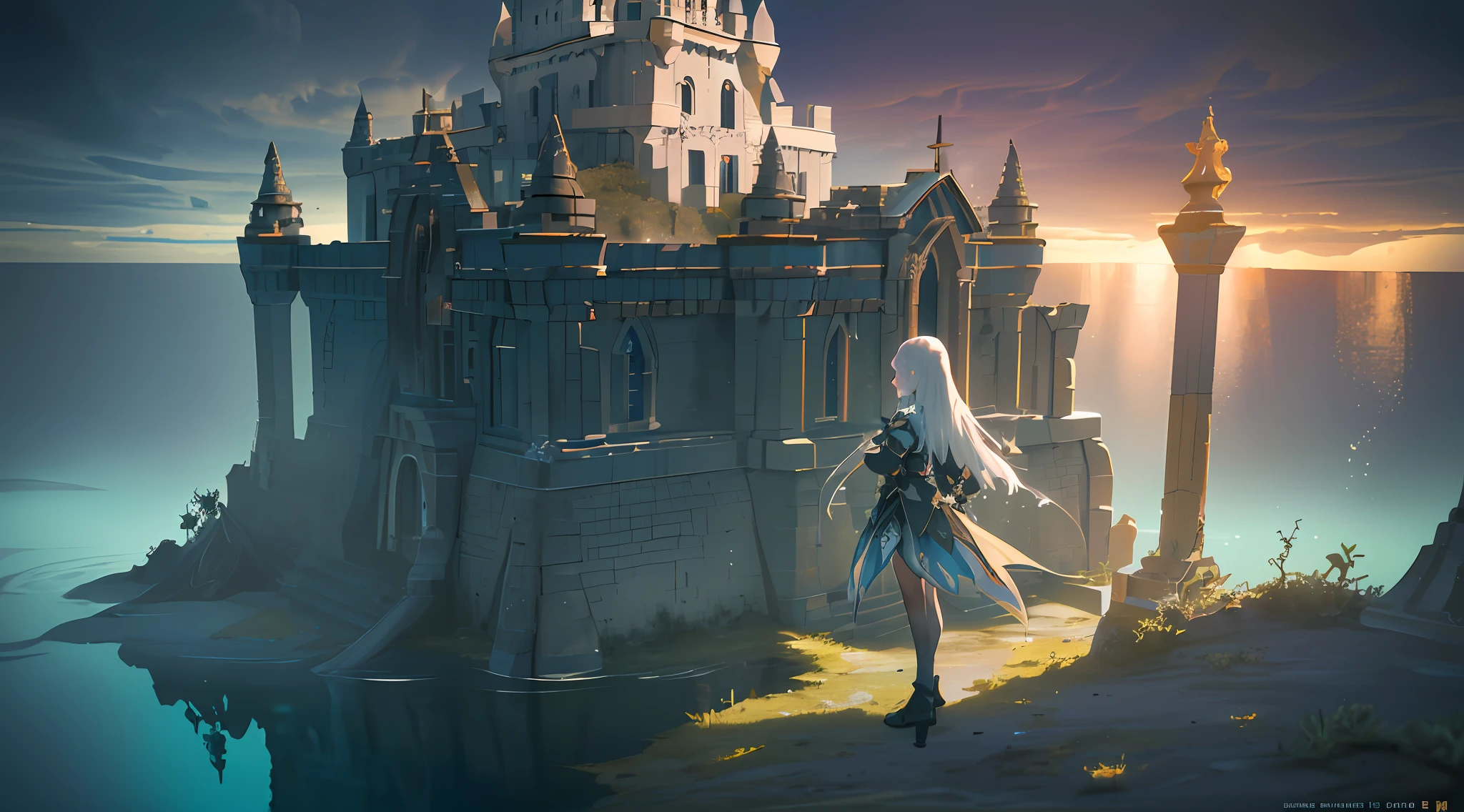 Castle Fortress, Girl Stands There, (8k, RAW Photography, Best Quality, Masterpiece: 1.2), (Realistic, Photorealistic: 1.37), Octane Rendering, Ultra High Resolution, Ultra Detail, Professional Lighting, Photon Mapping, Radiosity, Physically Based Rendering, UE5, ((((Island Sanctuary)), (Ancient Fallen Kingdom))), (Underwater Reflection))), (( Ray Tracing)), ((Drowned City))