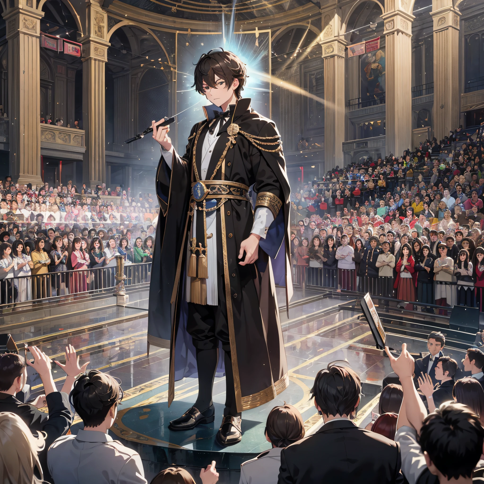 Awakening ceremony, absurd resolution, high resolution, (masterpiece: 1.4), hyper-detail, 1boy, mature man, brunette man, high school student dressed up, grim expression, full body photo, on the stage, many spectators in the audience, touching a huge black stone with one hand
