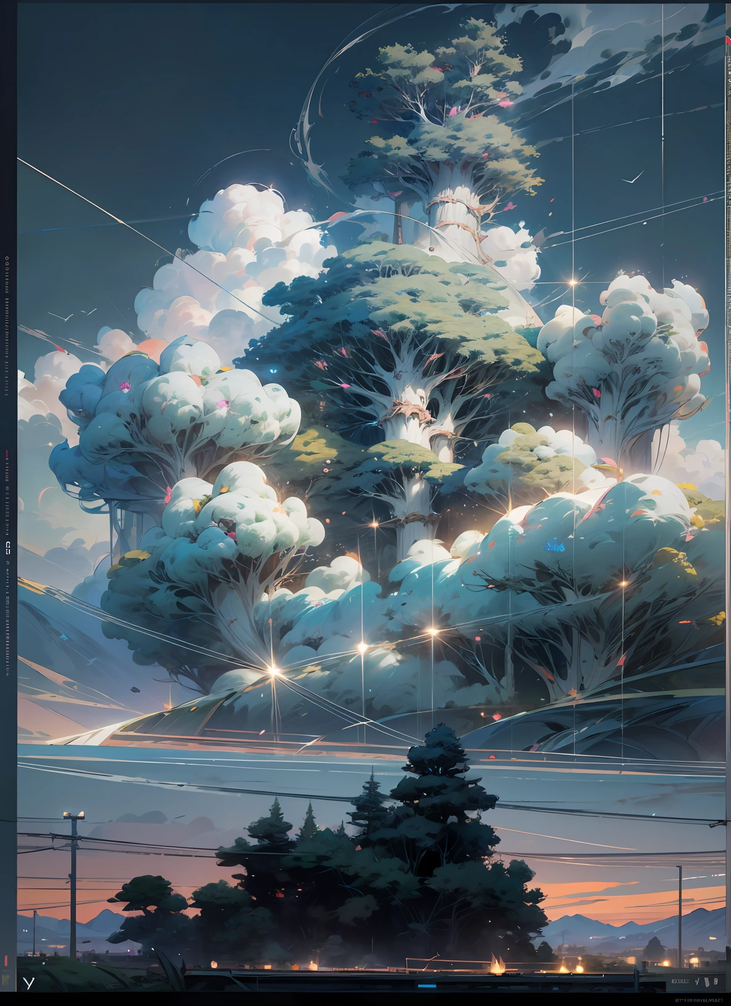 Sky, Clouds, holding_weapon, no_humans, Glow, giant_ trees , art, war_ mecha,artificial intelligence_Architecture, drones, "sky, cloud, glowing, big trees , Green house building, cybernetic _trees, tree_mech, sci-fi, cityscape, realistic, mechanical" Science Fiction, Cities, Rendered in Octane, hyper realistic, 8k, epic composition, cinematic, octane render, artstation landscape vista photography by Carr Clifton & Galen Rowell, 16K resolution, Landscape veduta photo by Dustin Lefevre & tdraw, 8k resolution, detailed landscape painting by Ivan Shishkin, DeviantArt, Flickr, rendered in Enscape, Miyazaki, Nausicaa Ghibli, Breath of The Wild,,trending in artstation, cgsociety, 8k post-processing highly detailed,Junji Murakami, Mucha Klimt, Sharandula, Hiroshi Yoshida, Tom Bagshaw, Ross Tran, Artgerm,Craig Mullins,dramatic,Junji Murakami, moody lighting rendered by octane engine,characters 8K symmetrical arstation, cape,cinematic lighting, intricate details, 8k detail post processing, hyperealistic, octane rend, Zdzisław Beksiński style, ar 2:3 Reality Reality --auto --s2