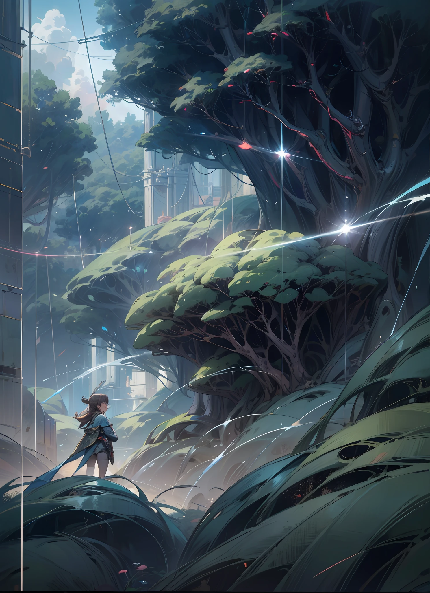 Sky, Clouds, holding_weapon, no_humans, Glow, giant_ trees , art, war_ mecha,artificial intelligence_Architecture, drones, "sky, cloud, glowing, big trees , Green house building, cybernetic _trees, tree_mech, sci-fi, cityscape, realistic, mechanical" Science Fiction, Cities, Rendered in Octane, hyper realistic, 8k, epic composition, cinematic, octane render, artstation landscape vista photography by Carr Clifton & Galen Rowell, 16K resolution, Landscape veduta photo by Dustin Lefevre & tdraw, 8k resolution, detailed landscape painting by Ivan Shishkin, DeviantArt, Flickr, rendered in Enscape, Miyazaki, Nausicaa Ghibli, Breath of The Wild,,trending in artstation, cgsociety, 8k post-processing highly detailed,Junji Murakami, Mucha Klimt, Sharandula, Hiroshi Yoshida, Tom Bagshaw, Ross Tran, Artgerm,Craig Mullins,dramatic,Junji Murakami, moody lighting rendered by octane engine,characters 8K symmetrical arstation, cape,cinematic lighting, intricate details, 8k detail post processing, hyperealistic, octane rend, Zdzisław Beksiński style, ar 2:3 Reality Reality --auto --s2