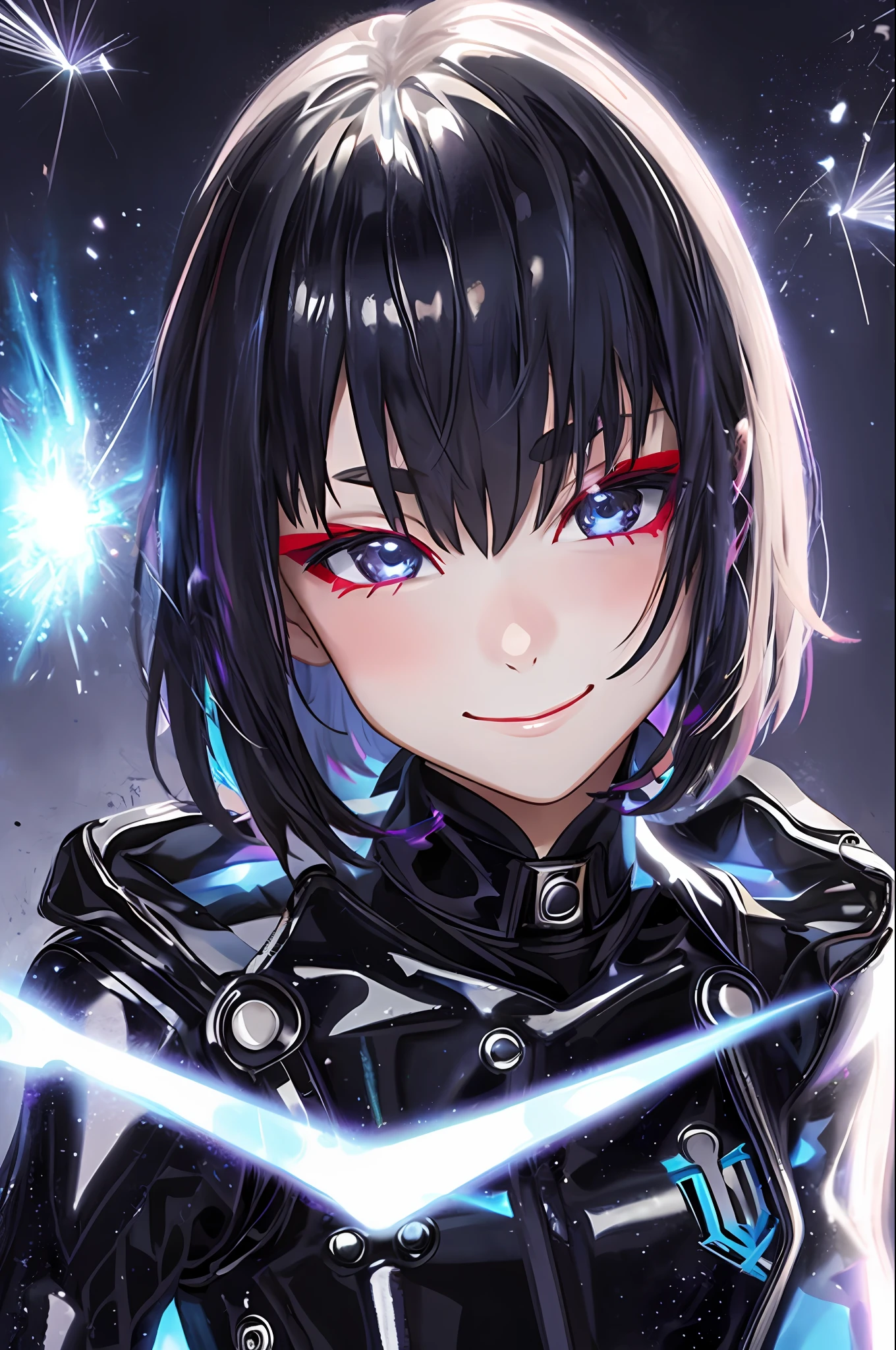 Girl, (laser transparent pvc texture clothing:1.2),evil smile,close mouth, (half-closed eyes:0.9), smug, black background,portrait,particles in the air, oil painting ,glow,