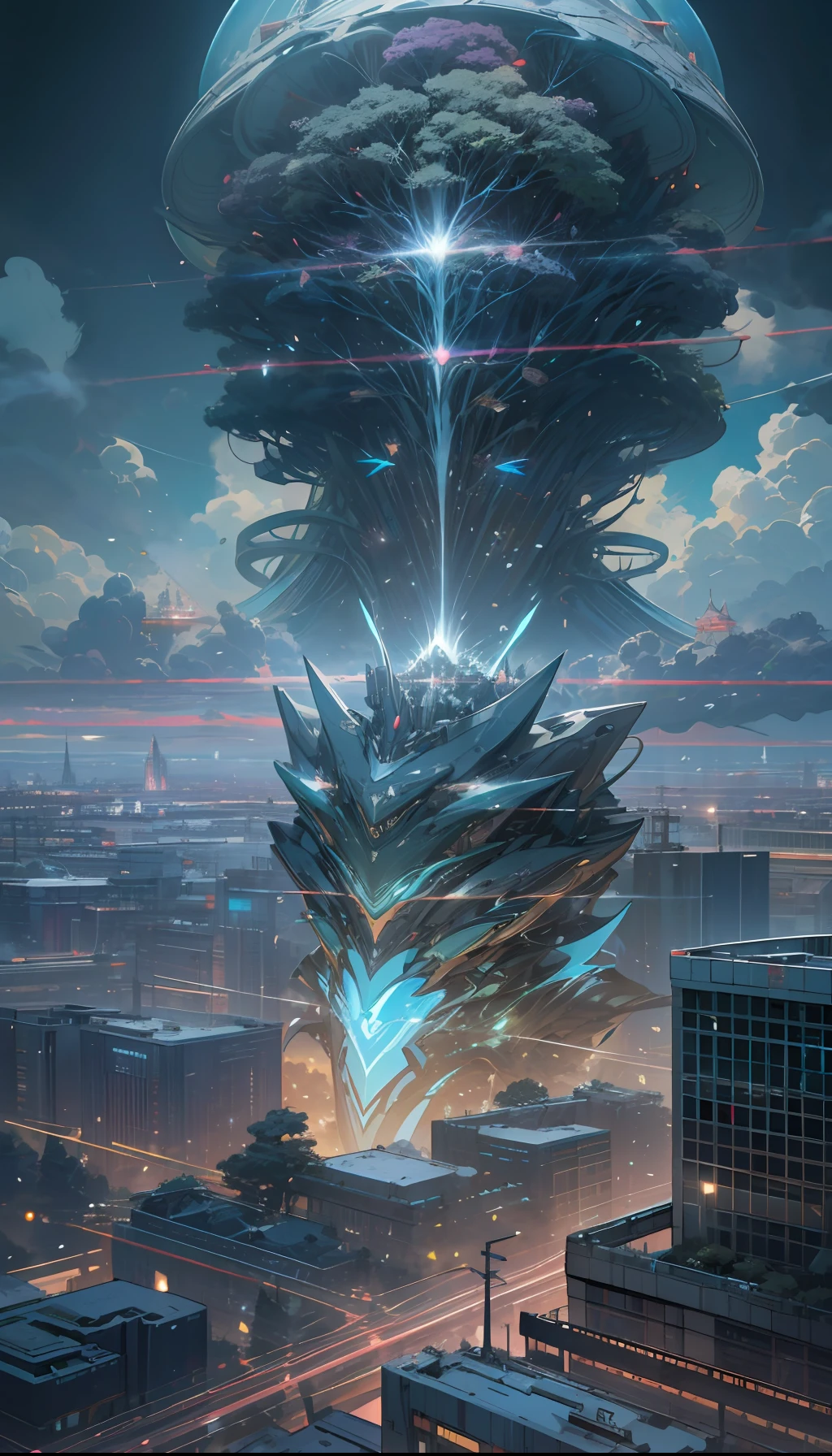 Sky, Clouds, holding_weapon, nohumans, Glow, giant trees , cyberpunk_Architecture, "sky, cloud, glowing, big trees , building, cybernetic _trees, tree_mech, sci-fi, cityscape, realistic, mechanical" Science Fiction, Cities, Rendered in Octane, hyper realistic, 8k, epic composition, cinematic, octane render, artstation landscape vista photography by Carr Clifton & Galen Rowell, 16K resolution, Landscape veduta photo by Dustin Lefevre & tdraw, 8k resolution, detailed landscape painting by Ivan Shishkin, DeviantArt, Flickr, rendered in Enscape, Miyazaki, Nausicaa Ghibli, Breath of The Wild,,trending in artstation, cgsociety, 8k post-processing highly detailed,Junji Murakami, Mucha Klimt, Sharandula, Hiroshi Yoshida, Tom Bagshaw, Ross Tran, Artgerm,Craig Mullins,dramatic,Junji Murakami, moody lighting rendered by octane engine,characters 8K symmetrical arstation, cape,cinematic lighting, intricate details, 8k detail post processing, hyperealistic, octane rend, Zdzisław Beksiński style, ar 4:5 Reality Reality   -upscale --auto --s2