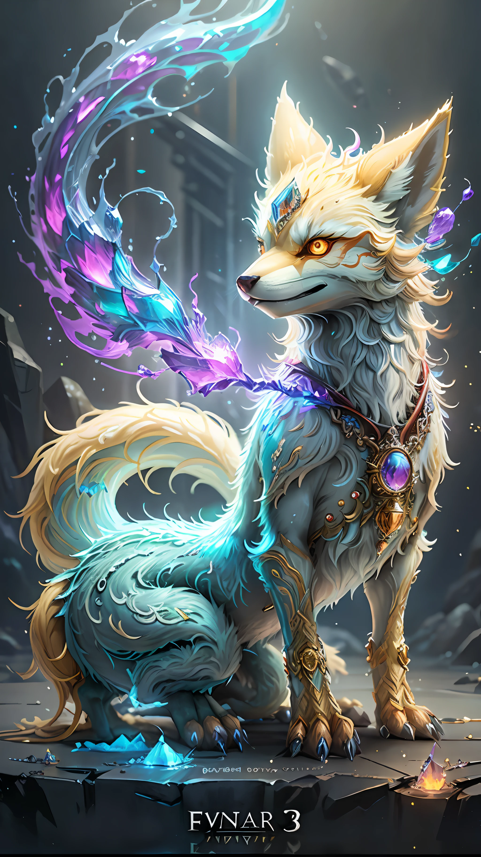 Fantastic Beasts concept art, colorful crystal glass nine-tailed fox mythical beast design with sparkling tail, ancient Chinese mythology, lady luck cloud background beast, glowing yellow eyes, epic HD CG rendering, majestic, lifelike, aqua blue like the sea, reflection, cinematic post-processing, lots of fine detail, depth of field, surrealism and cyberpunk style, octane rendering, fantasy engineering 32K,