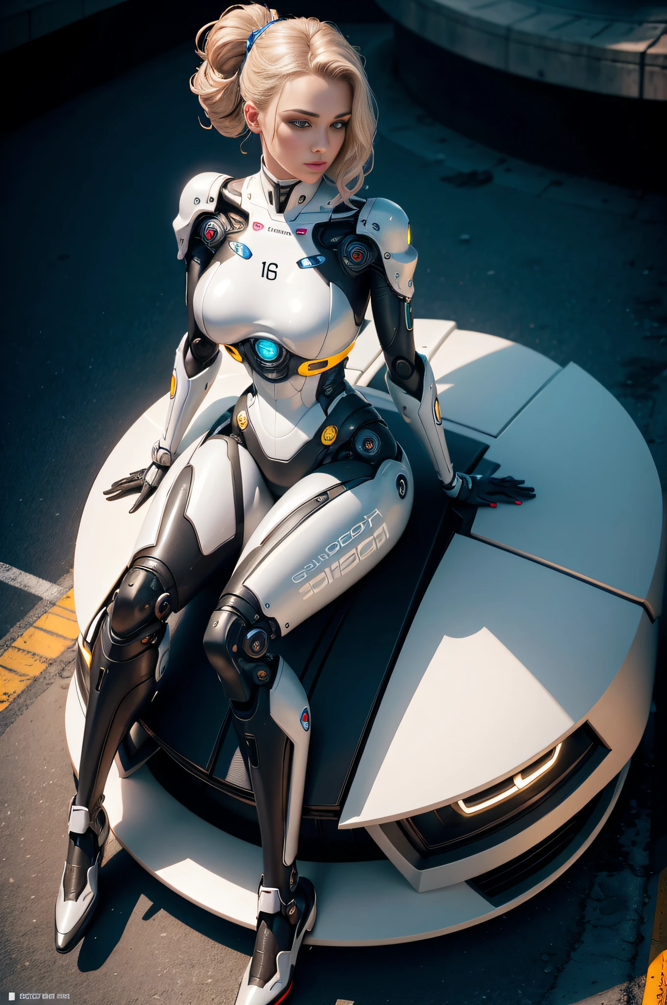Female robot, instead of the foot of the wheel, preparing for the race to a hundred meters, full-length, Beautiful face, short hair retracted, indian((full body including legs)). The whole body is made of engineering parts, a robot. Parts of robotic limbs are visible. Evening sun, sports stadium, beautiful female android face, tilt head, interrogative gaze, smirk, cyborg, robotic parts, techno, rim light, vibrant details, luxurious cyberpunk, hyperrealistic, anatomical, microchip, elegant, , 8k, best quality, masterpiece, an extremely delicate and beautiful, extremely detailed, (realistic, photo-realistic:1.37), incredibly absurdres, robot, full body, sitting