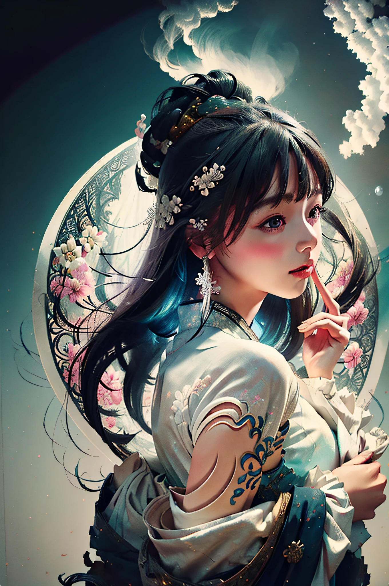 zhongfenghua, 1girl, (full body) solo, hanfu, flower field, blossom, (white smokes:1.3) (photorealistic:1.4), zentangle, mandala, entangle, official art, unity 8k wallpaper, ultra detailed, beautiful and aesthetic, masterpiece,best quality, (dynamic angle:1.4), glowing skin, (floating colorful sparkles:1) the most beautiful form of chaos, elegant, a brutalist designed, vivid colours, romanticism depth of field,