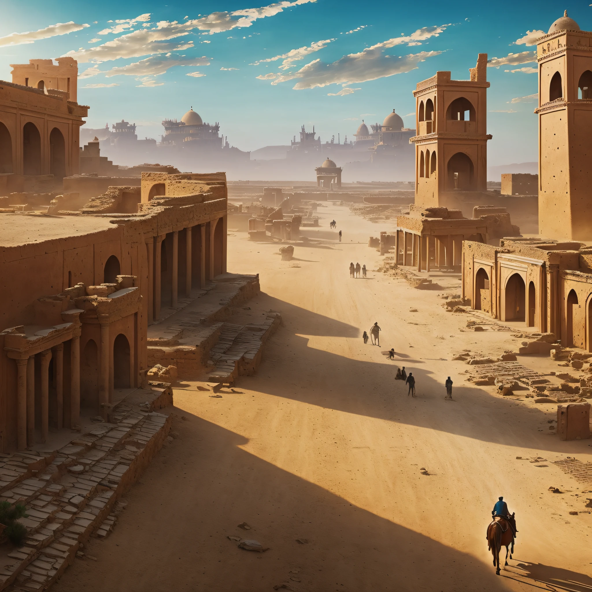 man riding a horse in a desert, imperial city in the distance, inspired by Raphael Lacoste, by Raphael Lacoste, ancient city landscape, ruined city in background, city in desert, martin raphael lacoste, game art matte painting, old city, ancient city, ruined city in the background, city in the distance --auto --s2