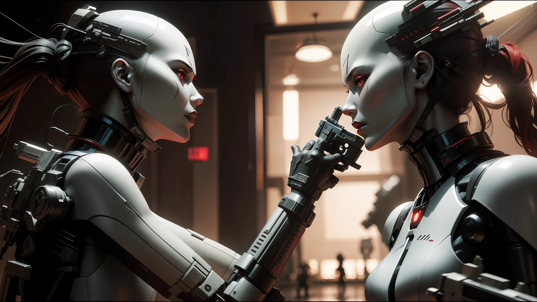 arafed woman in red dress standing in a room with many mannequins, movie still of a villain cyborg, by Lü Ji, cinematic establishing shot, jedi fallen order teaser, holding rifle, high contrast cinematic light, corridor, three point lighting bjork, in formation, gloss, stunning screenshot --ar 16:9 --auto --s2