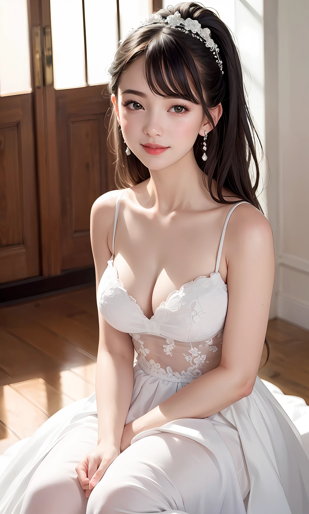 (8k, RAW photos, best quality, High resolution: 1.1), (surreal: 1.4), (realistic, realistic: 1.3), soft light, girl, realistic face, realistic body, realistic skin, absurd, masterpiece, (cute: 1.8), cute, solo, (: 1.2), detailed black eyes, innocent eyes, blush, (white wedding dress: 1.2), (dress conservatively), exposed shoulders, lace trim, garland, jewel crown, movie lights, film grain, jewelry, earrings, ((medium hair: 1.1)), (floating hair nova frog style)), cherry lips, headband, hair bow, ponytail, viewer, long hair , open lips, upper teeth, (smiling eyes: 0.6), (grinning: 1.2), depth of field, blurred background, eye focus, bokeh, young, 85mm lens, f/1.4, professional lighting, young, photon mapping, radiosity, physically based rendering, braless
