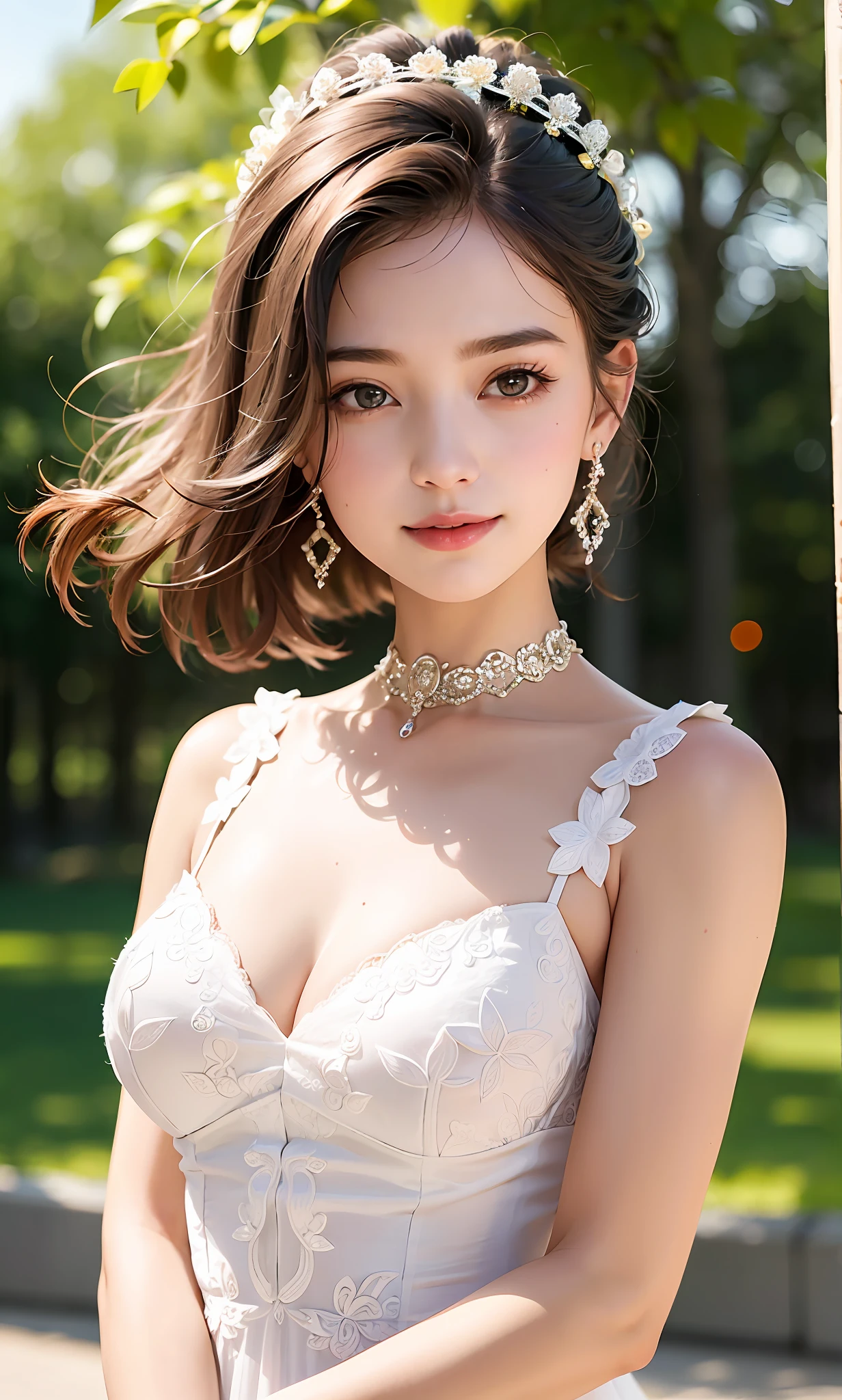 (8k, RAW photos, best quality, High resolution: 1.1), (surreal: 1.4), (realistic, realistic: 1.3), soft light, girl, realistic face, realistic body, realistic skin, absurd, masterpiece, (cute: 1.8), cute, solo, (: 1.2), detailed black eyes, innocent eyes, blush, (white wedding dress: 1.2), (dress conservatively), exposed shoulders, lace trim, garland, jewel crown, movie lights, film grain, jewelry, earrings, ((medium hair: 1.1)), (floating hair nova frog style)), cherry lips, headband, hair bow, ponytail, viewer, long hair , open lips, upper teeth, (smiling eyes: 0.6), (grinning: 1.2), depth of field, blurred background, eye focus, bokeh, young, 85mm lens, f/1.4, professional lighting, young, photon mapping, radiosity, physically based rendering, braless