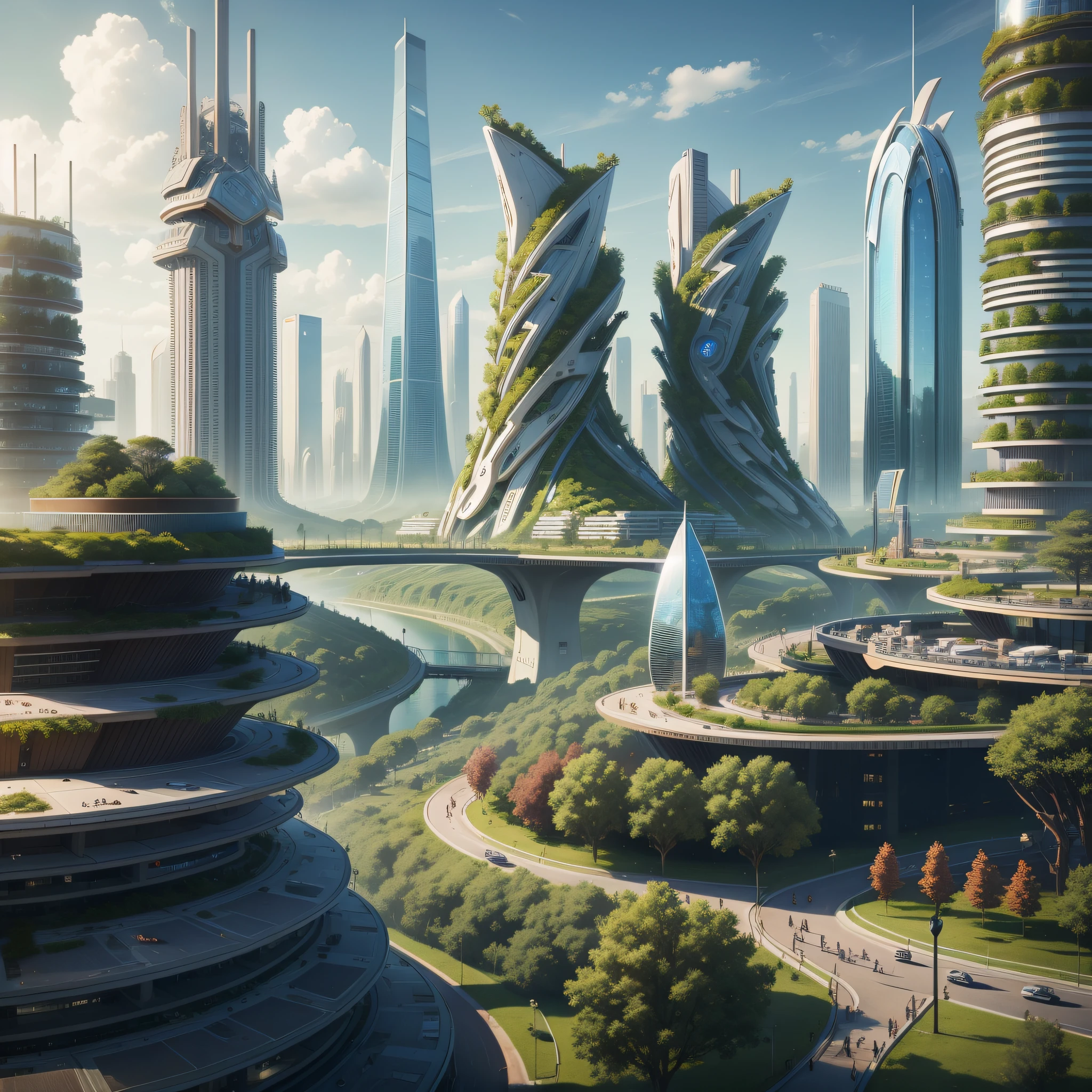 Eco-city, smart city, beautiful city, future city, high quality, high resolution, high detail