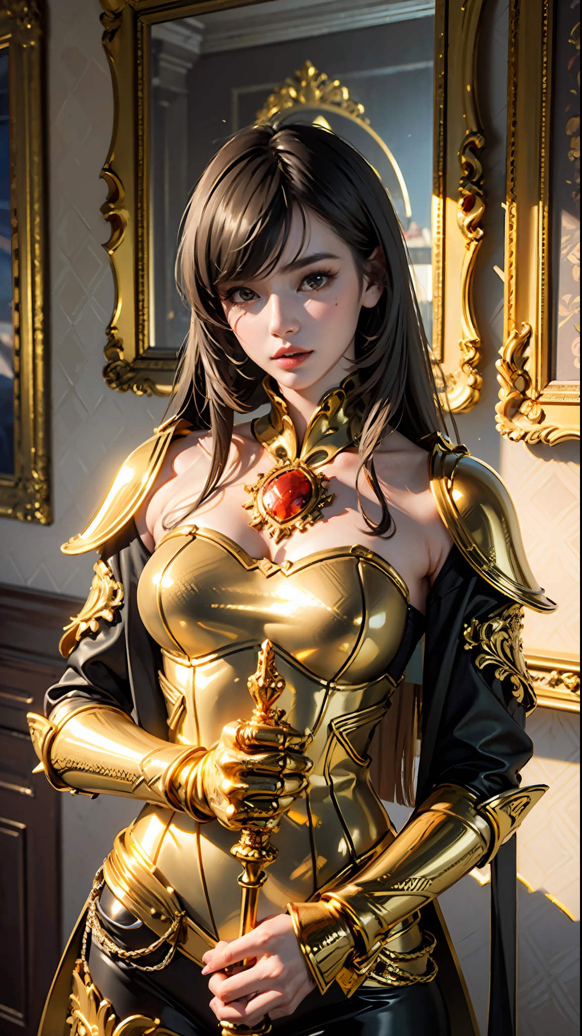 ((Best quality)), ((masterpiece)), (highly detailed:1.3), 3D, beautiful beautiful woman wearing gold armor, holding Elmo long hair
