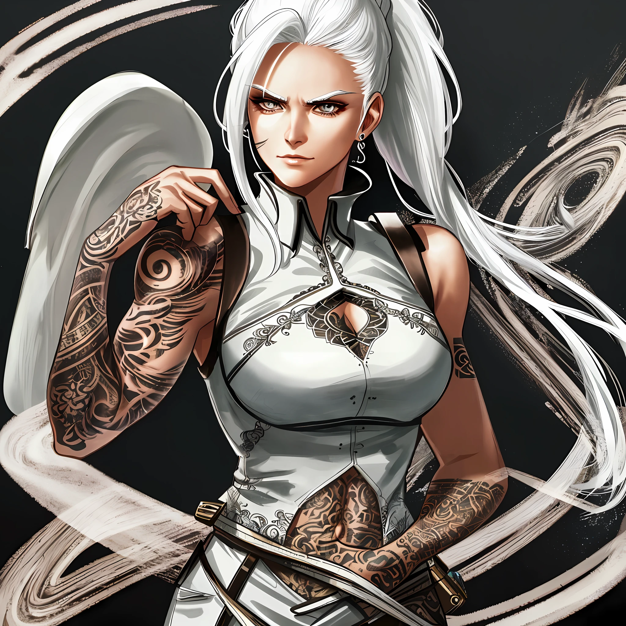 Beautiful Woman,With 38 Years Age Look,With White Hair In A Ponytail,Perfect Eye And Detailed Brown,Arm Crossed,With Detailed Tattoo On Arm,With White Shirt,With Evil Face,Just Her On The Spot,Ultra Detailed,High Resolution,Mega Quality,Ultra HD,4K,8K