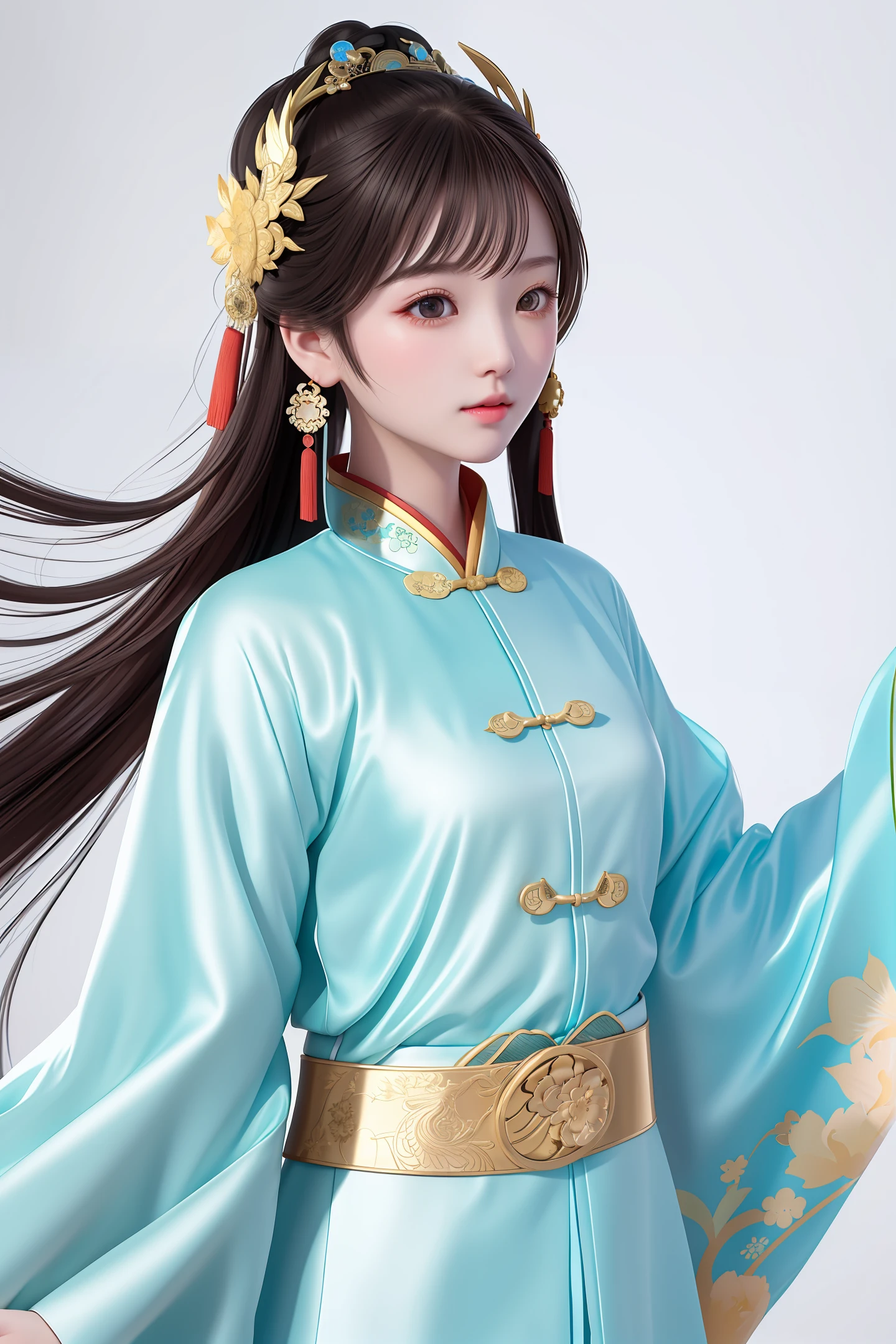 A girl, ancient Chinese costume, whole body, sunshine, clear face, clean white background, masterpiece, super detail, epic composition, ultra HD, high quality, extremely detailed, official art, uniform 8k wallpaper, super detail, 32k