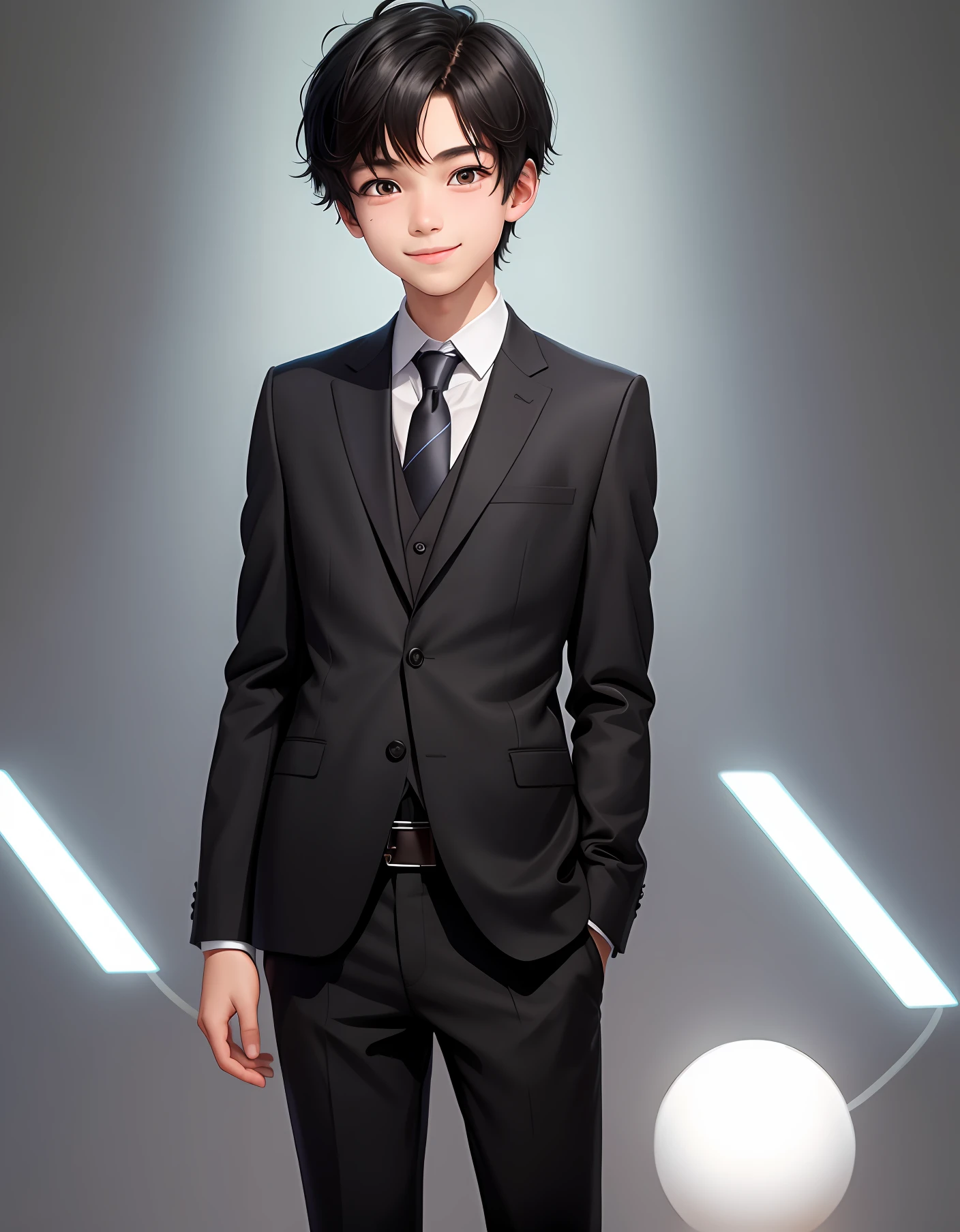Generate an image with a transparent background featuring a boy who is 1.70 meters tall. He has extremely short black hair and is wearing a simple suit. His eyes are dark brown, and he has a mischievous smile.