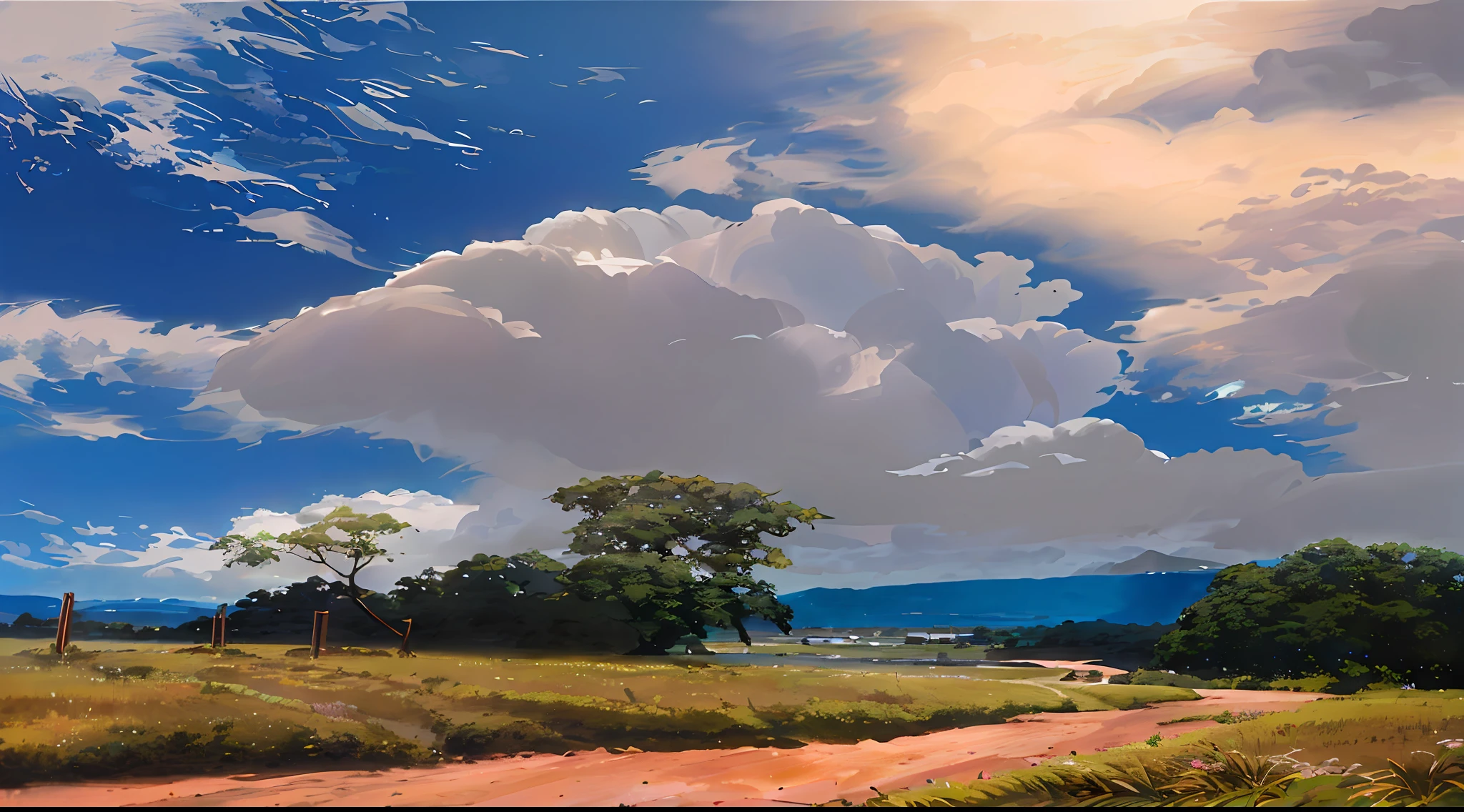 there is a painting of a dirt road with a cow in the distance, beautiful oil matte painting, hyper realistic clouds, wlop and rhads, rhads!!!, rhads!, studio ghibli sky, photorealistic landscape, rhads and thomas kinkade, hyperrealistic landscape, studio ghibli landscape, giant clouds, anime countryside landscape, by RHADS