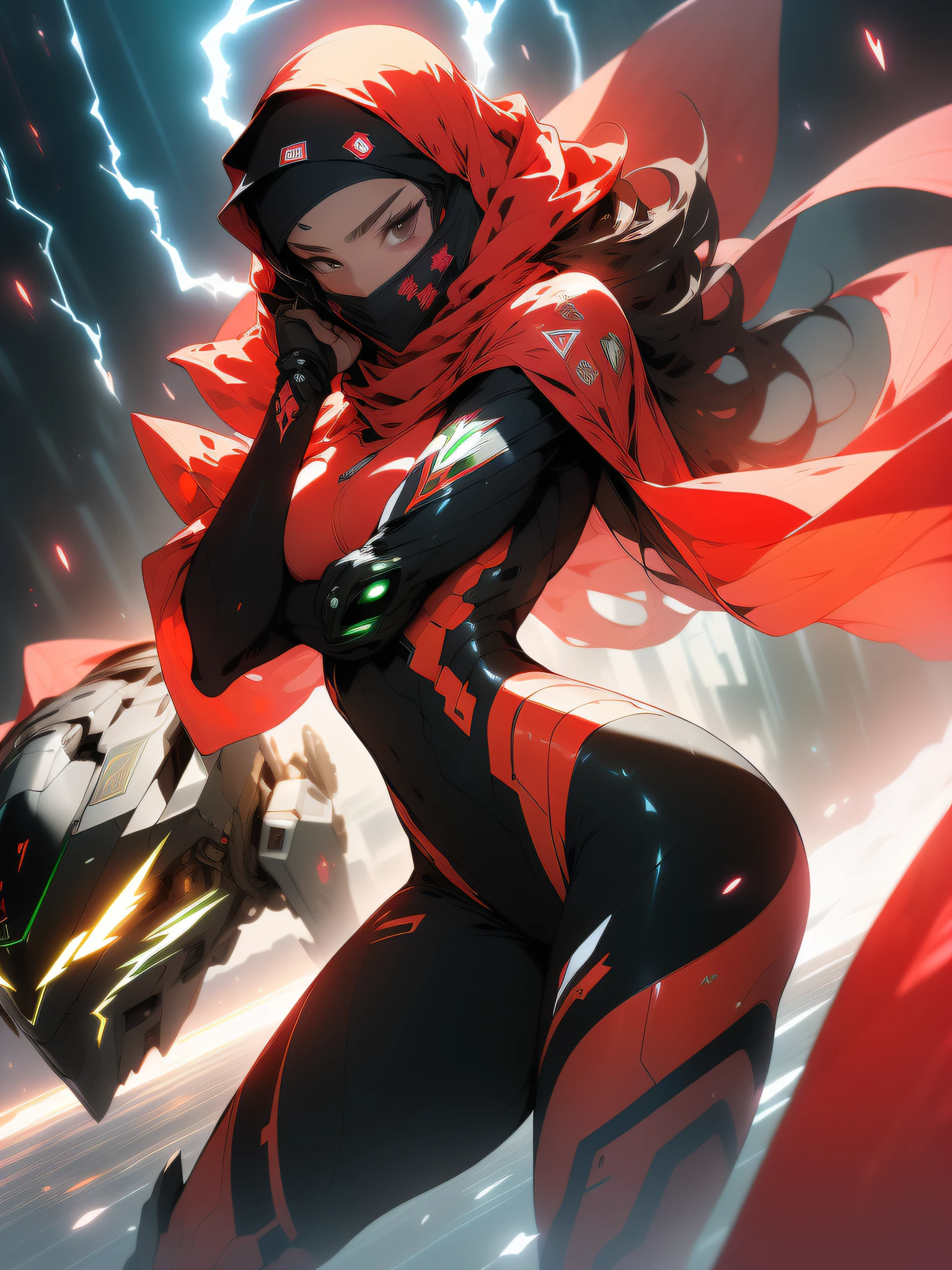 Spawn girl, hell,((Best quality)), ((masterpiece)), (detailed: 1.4), (Absurd), Fighter pilot (((Muslim woman wearing long dark red dress face covered)))), ready for war, dark skin, middle eastern woman, sculptural body with defined muscles, closed mouth, muscular body covered by a Hoyoverse style technological dress, Honkai Impact, Geishin Impast, veil covering the face, Veil covering the head,  whole body covered by clothing, ((small breasts)), (brown eyes without pupils), (((very dark red and green clothing)), (((black wavy hair fulfilled)), (thin white stripes on the green covering the breasts), (image of a Persian sword on the arms), (((lightning bolt drawings on the arms)), very long eyelashes, heavy eye makeup, lots of jewelry, by mucha, niji --V5, close to the real,  psychopath, crazy face, sexy pose, background with a giant Gundam style robot head, 2 piece clothing, shoulder pads, airplane wings on the back, pastel, centered, scale to fit dimensions, HDR (High Dynamic Range),Ray Tracing,NVIDIA RTX,Super-Resolution,Unreal 5,Subsurface dispersion, PBR texture, Post-processing, Anisotropic filtering, Depth of field, Maximum clarity and sharpness,  Multilayer textures, Albedo and specular maps, Surface shading, Accurate simulation of light-material interaction, Perfect proportions, Octane Render, Two-tone lighting, Wide aperture, Low ISO, White balance, Rule of thirds, 8K RAW, crysisnanosuit