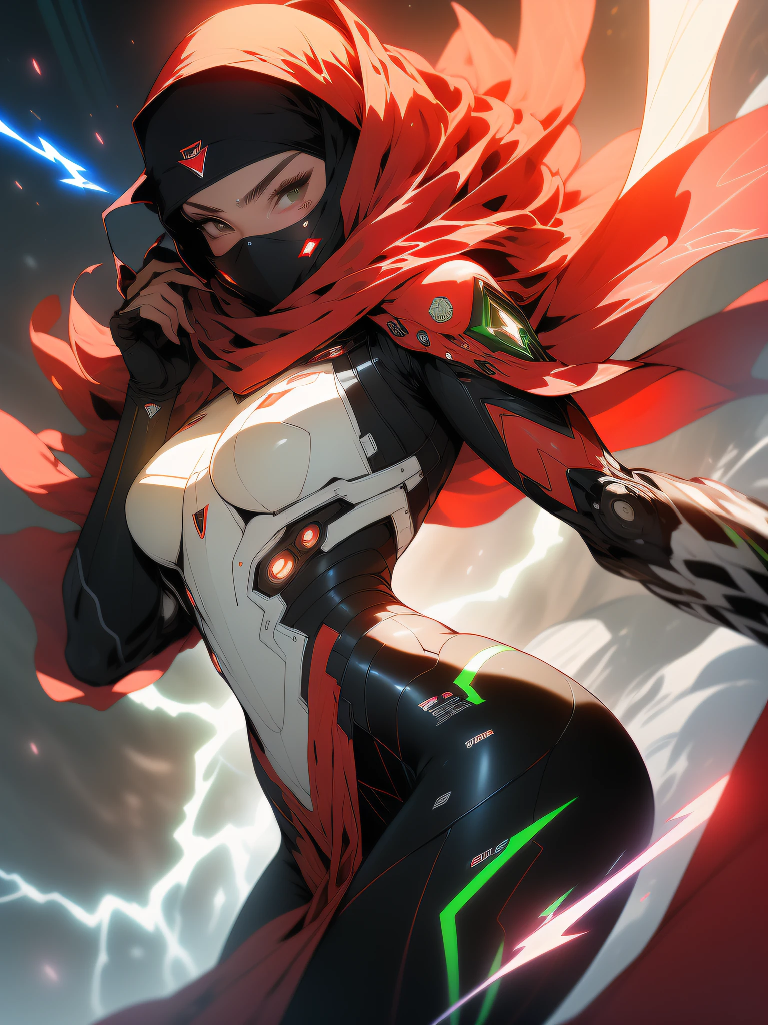 Spawn girl, hell,((Best quality)), ((masterpiece)), (detailed: 1.4), (Absurd), Fighter pilot (((Muslim woman wearing long dark red dress face covered)))), ready for war, dark skin, middle eastern woman, sculptural body with defined muscles, closed mouth, muscular body covered by a Hoyoverse style technological dress, Honkai Impact, Geishin Impast, veil covering the face, Veil covering the head, whole body covered by clothing, ((small breasts)), (brown eyes without pupils), (((very dark red and green clothing)), (((black wavy hair fulfilled)), (thin white stripes on the green covering the breasts), (image of a Persian sword on the arms), (((lightning bolt drawings on the arms)), very long eyelashes, heavy eye makeup, lots of jewelry, by mucha, niji --V5, close to the real, psychopath, crazy face, sexy pose, background with a giant Gundam style robot head, 2 piece clothing, shoulder pads, airplane wings on the back, pastel, centered, scale to fit dimensions, HDR (High Dynamic Range),Ray Tracing,NVIDIA RTX,Super-Resolution,Unreal 5,Subsurface dispersion, PBR texture, Post-processing, Anisotropic filtering, Depth of field, Maximum clarity and sharpness, Multilayer textures, Albedo and specular maps, Surface shading, Accurate simulation of light-material interaction, Perfect proportions, Octane Render, Two-tone lighting, Wide aperture, Low ISO, White balance, Rule of thirds, 8K RAW, crysisnanosuit