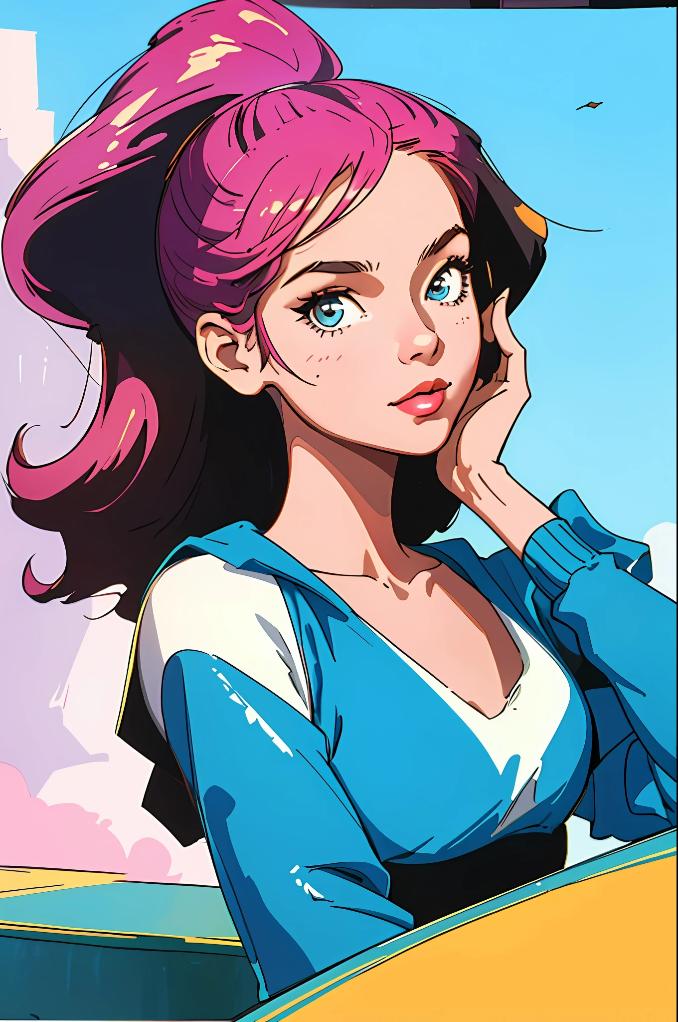 (best quality, masterpiece), 1girl, 1980s \(style\), looking at viewer, pinup \(style\), upper body,