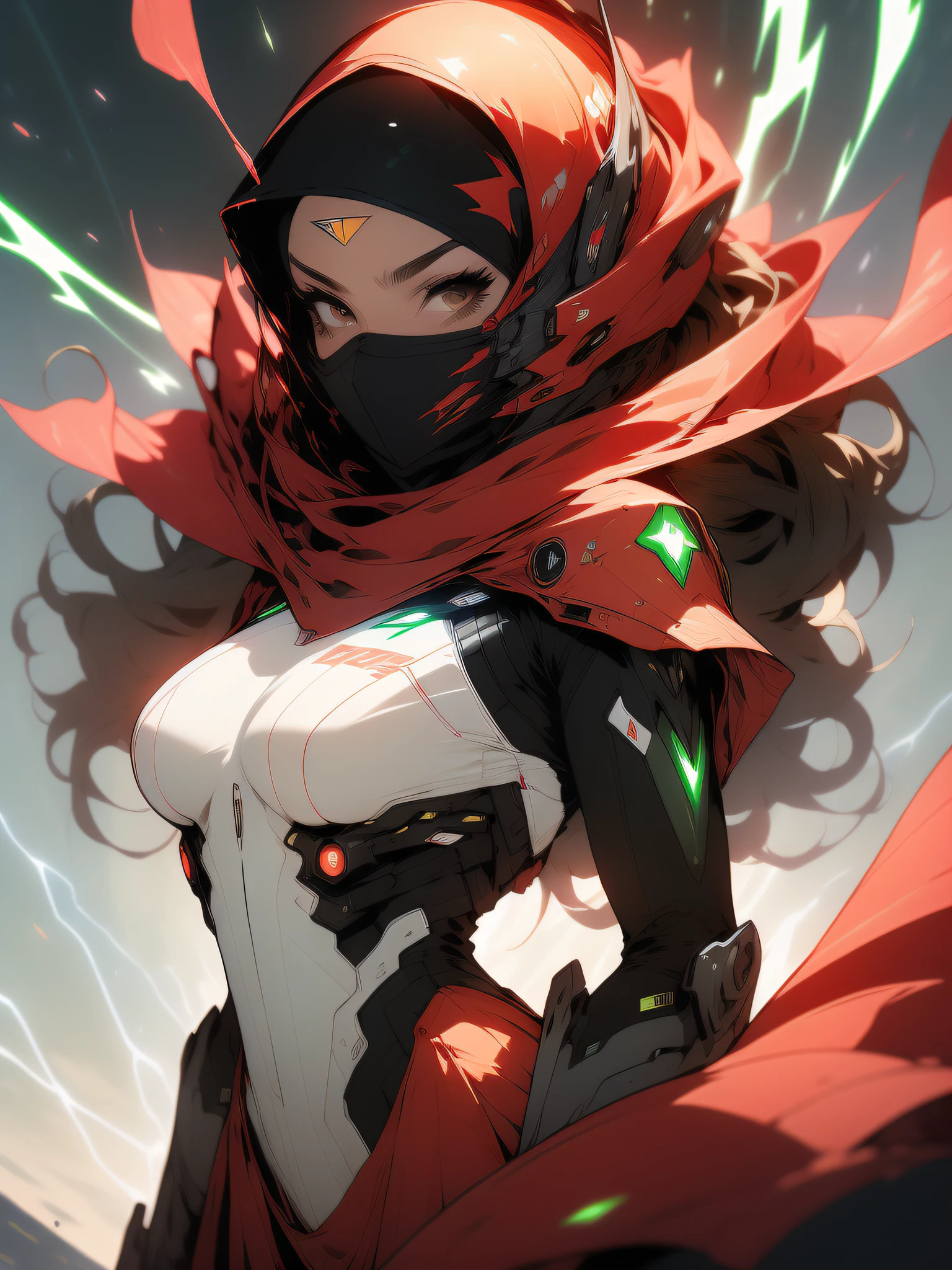 Spawn girl, ((Best quality)), ((masterpiece)), (detailed: 1.4), (Absurd), Fighter pilot (((Muslim woman wearing long dark red dress face covered)))), ready for war, dark skin, Middle Eastern woman, sculptural body with defined muscles, closed mouth, muscular body covered by a Hoyoverse-style technological dress, Honkai Impact, Geishin Impast, Veil covering face, Veil covering head,  whole body covered by clothing, ((small breasts)), (brown eyes without pupils), (((very dark red and green clothing)), (((black wavy hair fulfilled)), (thin white stripes on the green covering the breasts), (image of a Persian sword on the arms), (((lightning bolt drawings on the arms)), very long eyelashes, heavy eye makeup, lots of jewelry, by mucha, niji --V5, close to the real,  psychopath, crazy face, sexy pose, background with a giant Gundam style robot head, 2 piece clothing, shoulder pads, airplane wings on the back, pastel, centered, scale to fit dimensions, HDR (High Dynamic Range),Ray Tracing,NVIDIA RTX,Super-Resolution,Unreal 5,Subsurface dispersion, PBR texture, Post-processing, Anisotropic filtering, Depth of field, Maximum clarity and sharpness,  Multilayer textures, Albedo and specular maps, Surface shading, Accurate simulation of light-material interaction, Perfect proportions, Octane Render, Two-tone lighting, Wide aperture, Low ISO, White balance, Rule of thirds, 8K RAW, crysisnanosuit