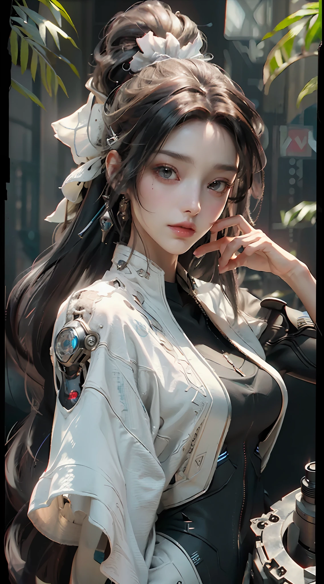 ((Best quality)), ((masterpiece)), (detailed:1.4), 3D, an image of a beautiful cyberpunk female,HDR (High Dynamic Range),Ray Tracing,NVIDIA RTX,Super-Resolution,Unreal 5,Subsurface scattering,PBR Texturing,Post-processing,Anisotropic Filtering,Depth-of-field,Maximum clarity and sharpness,Multi-layered textures,Albedo and Specular maps,Surface shading,Accurate simulation of light-material interaction,Perfect proportions,Octane Render,Two-tone lighting,Wide aperture,Low ISO,White balance,Rule of thirds,8K RAW,