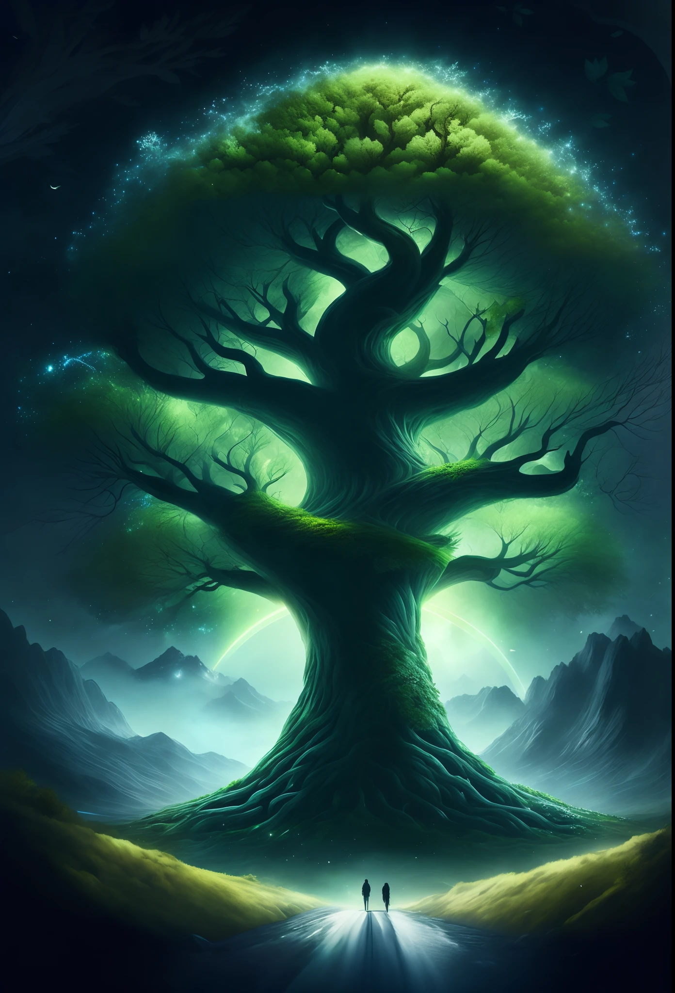 In the game at night, the world tree in the sky, Yggdrasil, the leaves are lushly clear, full of a magical halo, the road leading to the tree