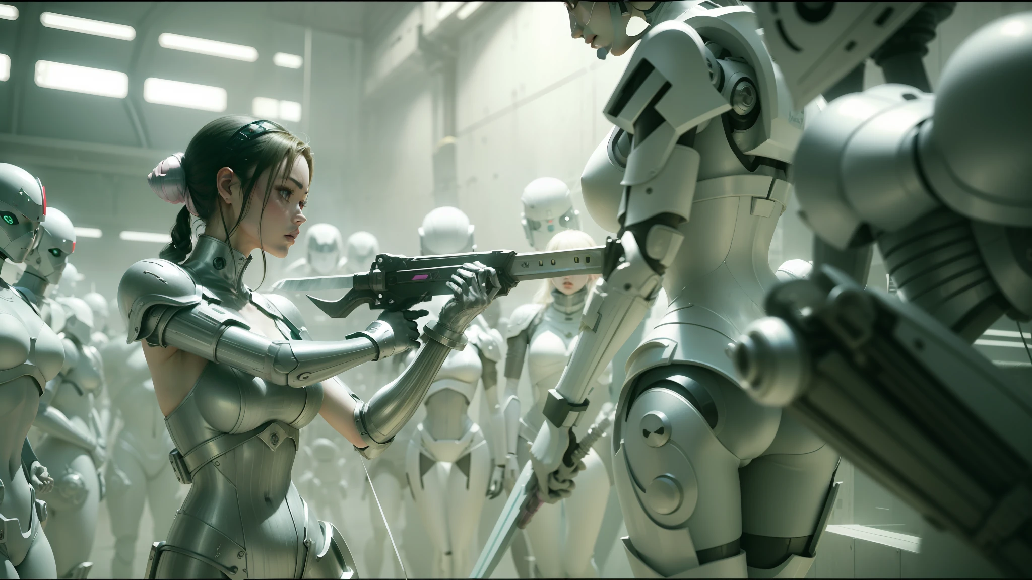 arafed woman in a pink outfit holding a sword in front of a group of robots, kylie minogue as barbarella, japanese vfx, inspired by Tawaraya Sōtatsu, arkham city, in screenshot from the 300 movie, white grey color palette, kiko mizuhara, fencing --ar 16:9 --auto --s2
