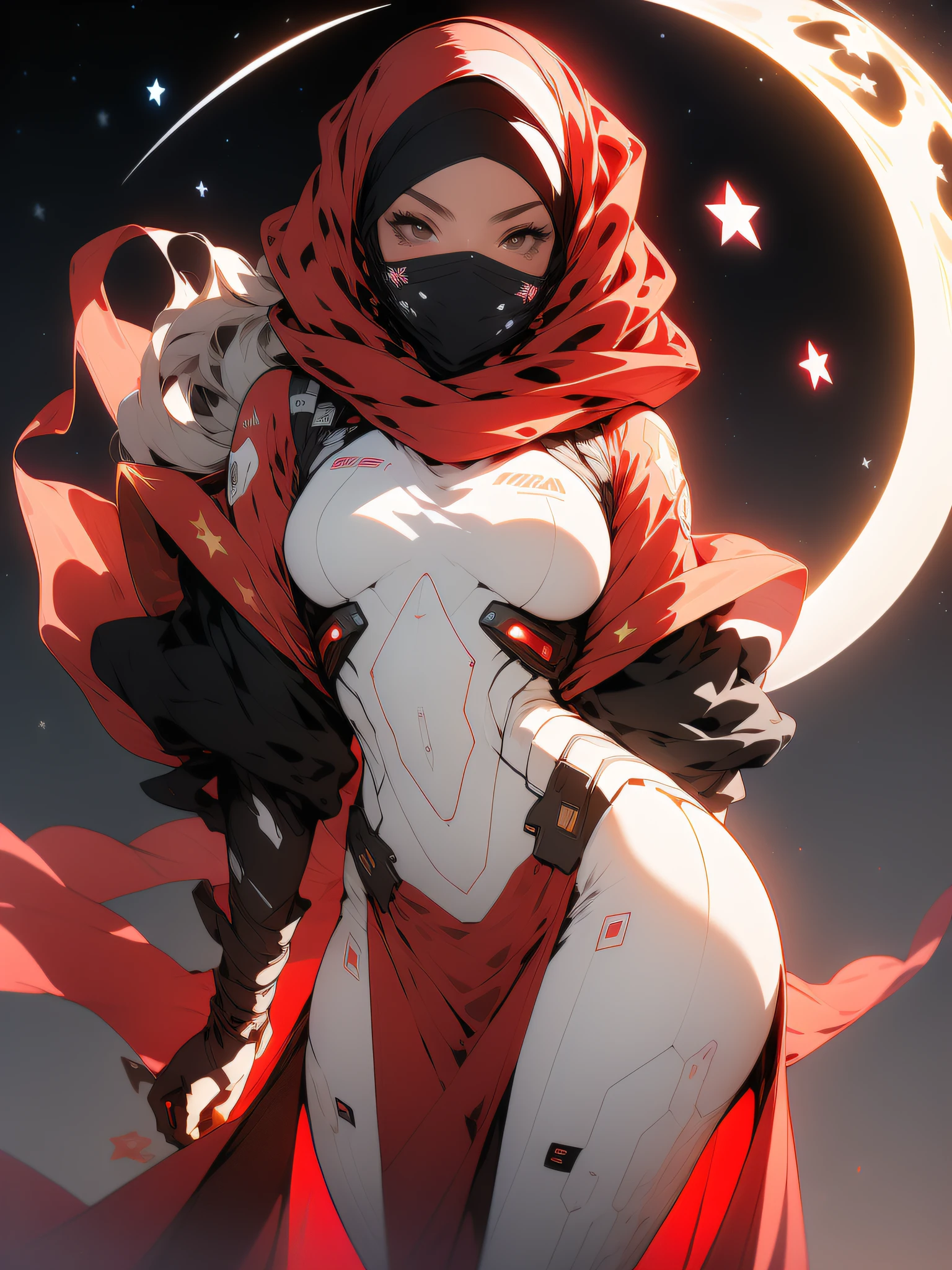 ((Best quality)), ((masterpiece)), (detailed: 1.4), (Absurd), Fighter pilot (((Muslim woman wearing long dark red dress face covered)))), (((white stars by clothing))))ready for war, dark skin, Middle Eastern woman, sculptural body with defined muscles, mouth closed, full body, muscular body covered by a technological dress Hoyoverse style, Honkai Impact, Geishin Impast, veil covering face, Veil covering the head, whole body covered by clothing, ((small breasts)), (brown eyes without pupils), (((very dark red and white clothing)), (((black wavy hair fulfilled)), ((drawings of a moon and stars on the arms)), very long eyelashes, heavy eye makeup, lots of jewelry, by mucha, niji --V5, close to real, psychopathic, crazy face, sexy pose, background with a giant Gundam-style Robot head, pastel, centered, scale to fit dimensions, HDR (High Dynamic Range),Ray Tracing,NVIDIA RTX,Super-Resolution,Unreal 5,Subsurface dispersion, PBR texture, Post-processing, Anisotropic filtering, Depth of field, Maximum clarity and sharpness, Multilayer textures, Albedo and specular maps, Surface shading, Accurate simulation of light-material interaction, Perfect proportions, Octane Render, Two-tone lighting, Wide aperture, Low ISO, White balance, Rule of thirds, 8K RAW, crysisnanosuit