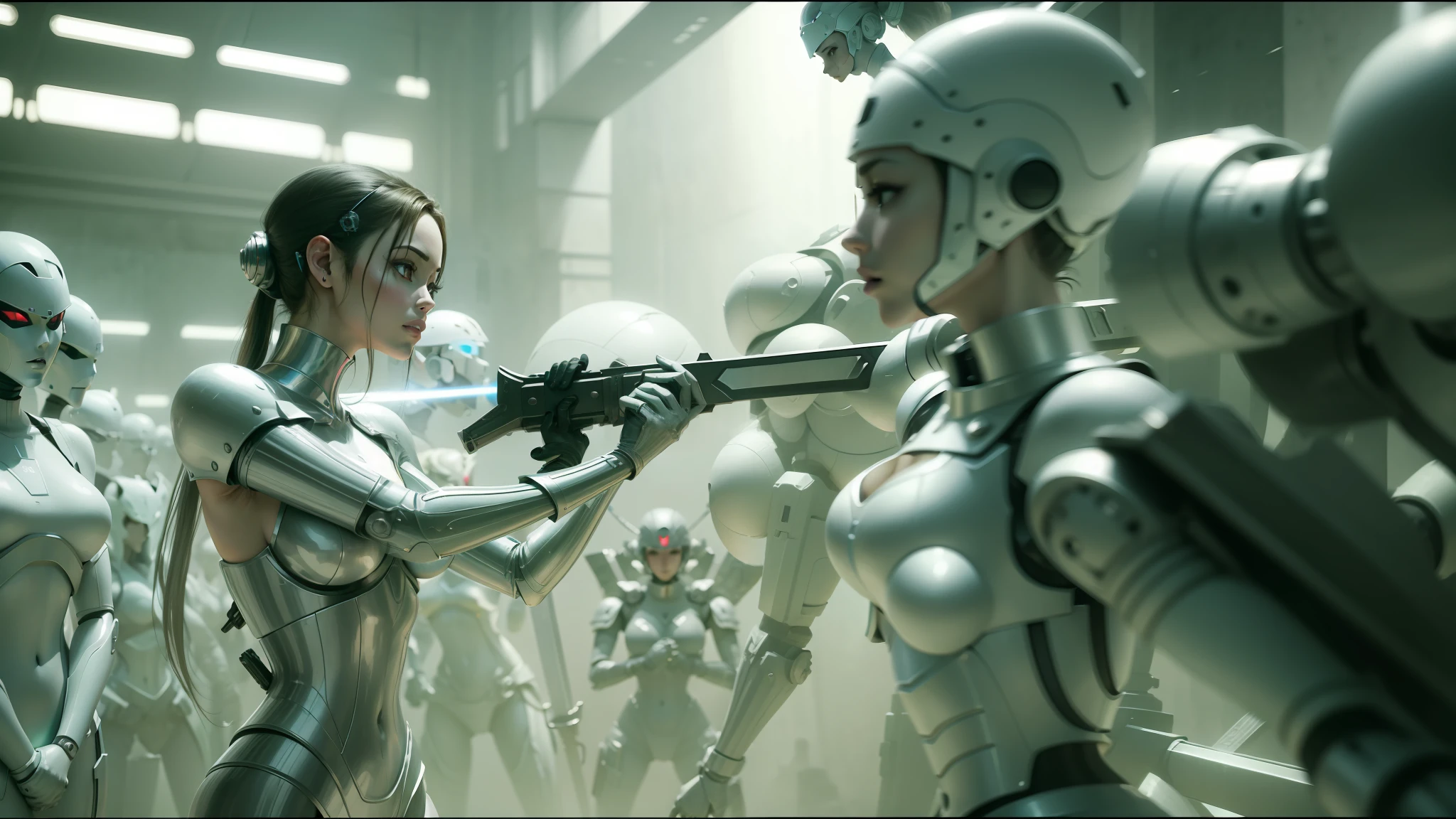 arafed woman in a pink outfit holding a sword in front of a group of robots, kylie minogue as barbarella, japanese vfx, inspired by Tawaraya Sōtatsu, arkham city, in screenshot from the 300 movie, white grey color palette, kiko mizuhara, fencing --ar 16:9 --auto --s2