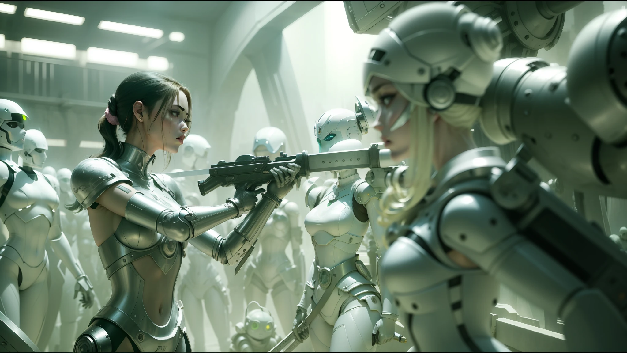 arafed woman in a pink outfit holding a sword in front of a group of robots, kylie minogue as barbarella, japanese vfx, inspired by Tawaraya Sōtatsu, arkham city, in screenshot from the 300 movie, white grey color palette, kiko mizuhara, fencing --ar 16:9 --auto --s2