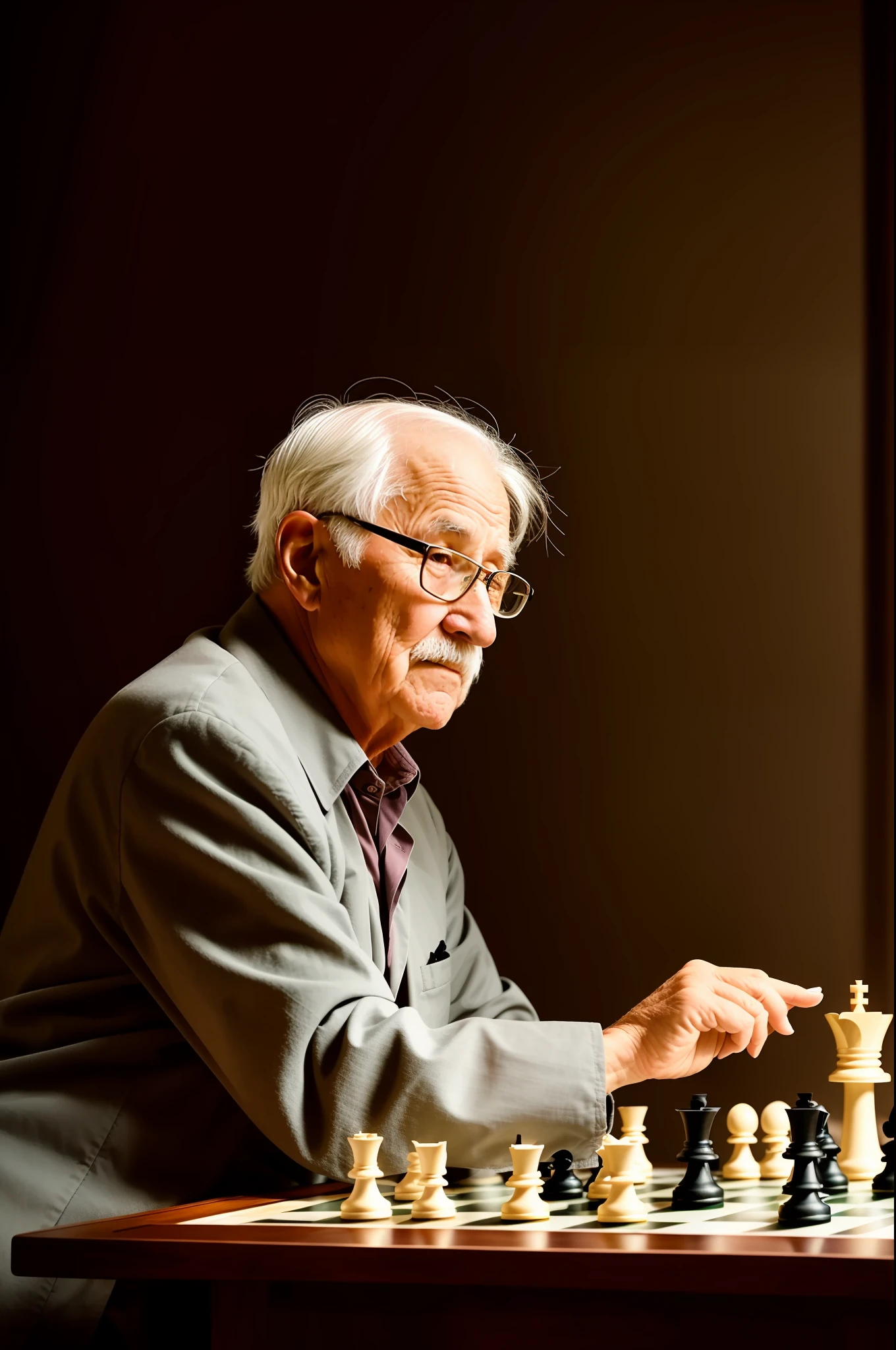 an old man looking an chess board , twilight light, warm atmosphere, cultured atmosphere, (masterpiece) (perfect proportion) (photo realistic) (best quality) (detailed) (8k) (HDR) (wallpaper) (cinematic lighting) (sharp focus) (intricate)