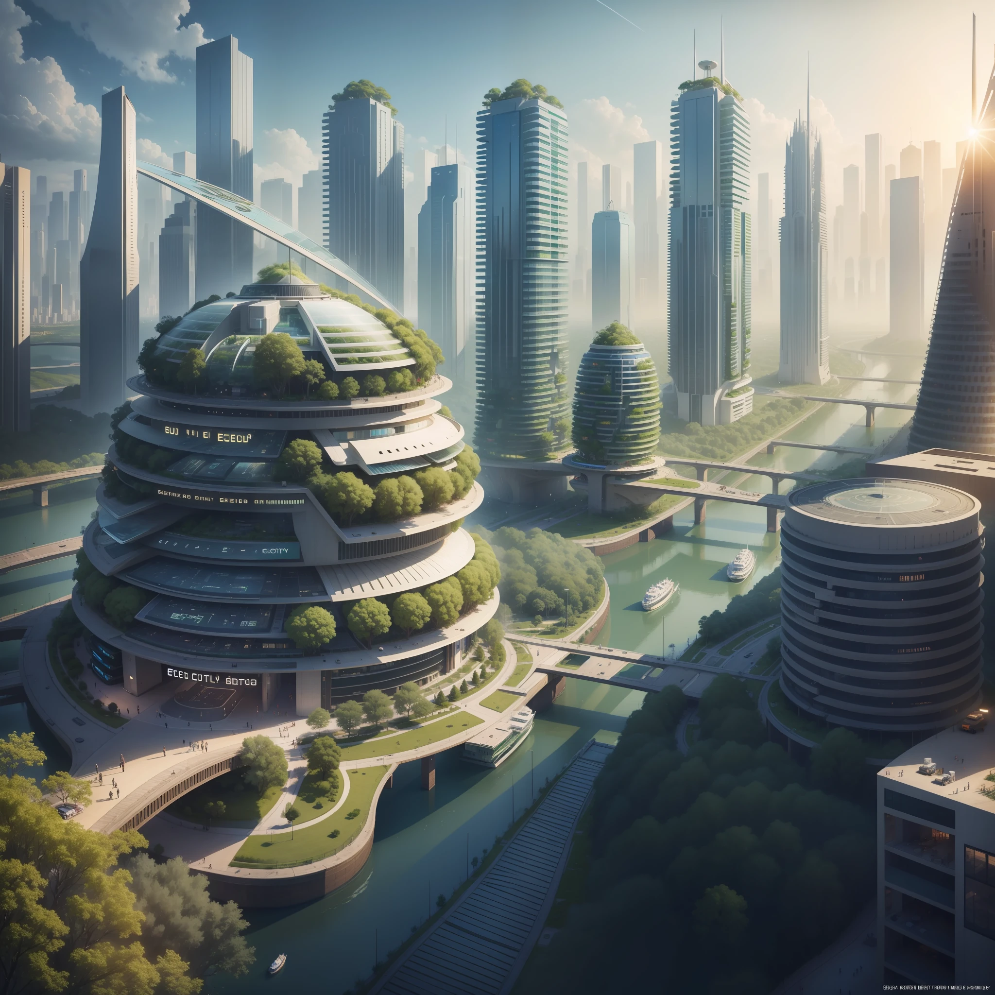 Eco-city, smart city, beautiful city, future city, high quality, high resolution, high detail