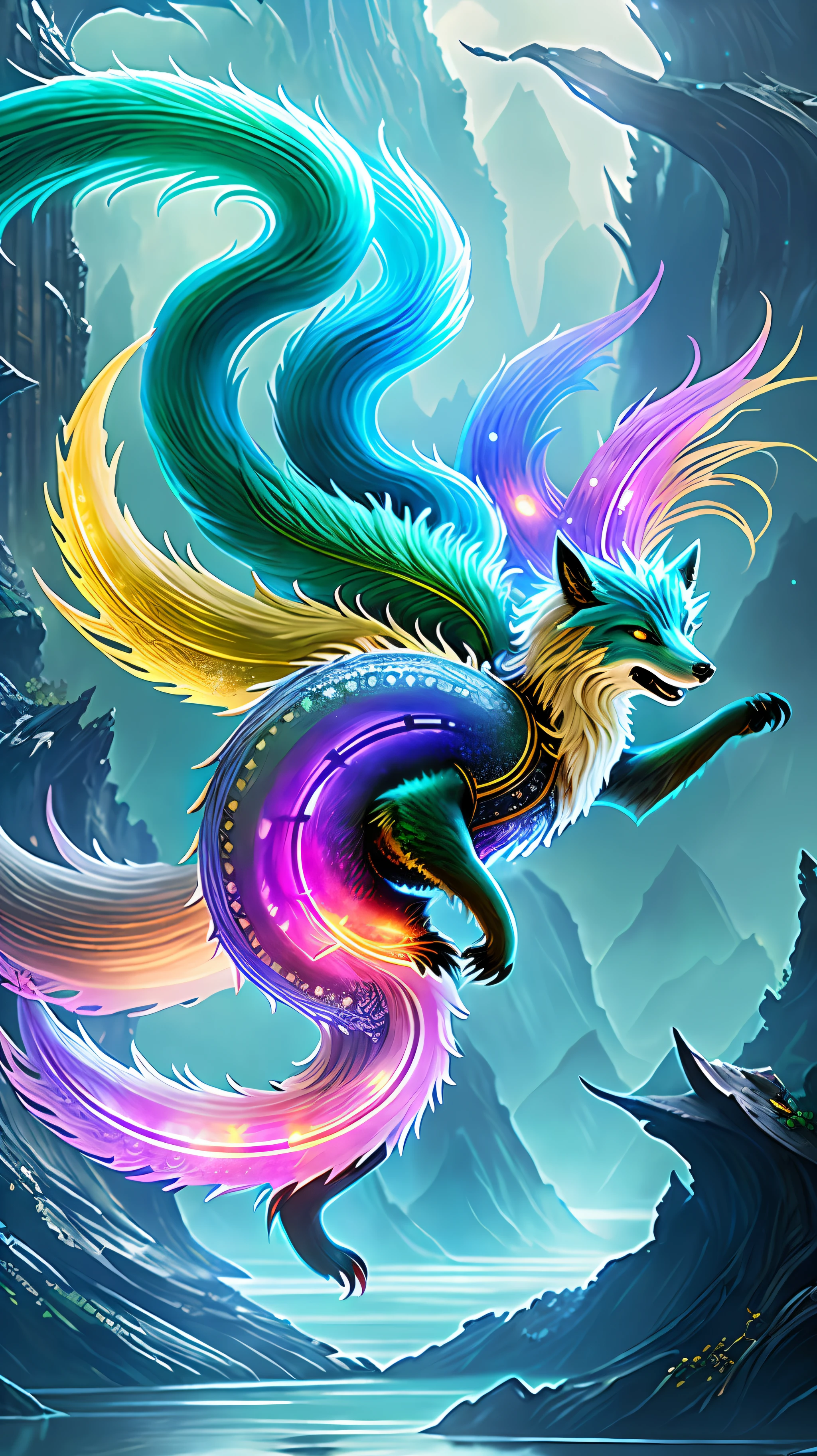 Fantastic Beasts concept art, colorful crystal glass nine-tailed fox mythical beast design with sparkling tail, ancient Chinese mythology, lady luck cloud background beast, glowing yellow eyes, epic HD CG rendering, majestic, lifelike, aqua blue like the sea, reflection, cinematic post-processing, lots of fine detail, depth of field, surrealism and cyberpunk style, octane rendering, fantasy engineering 32K,