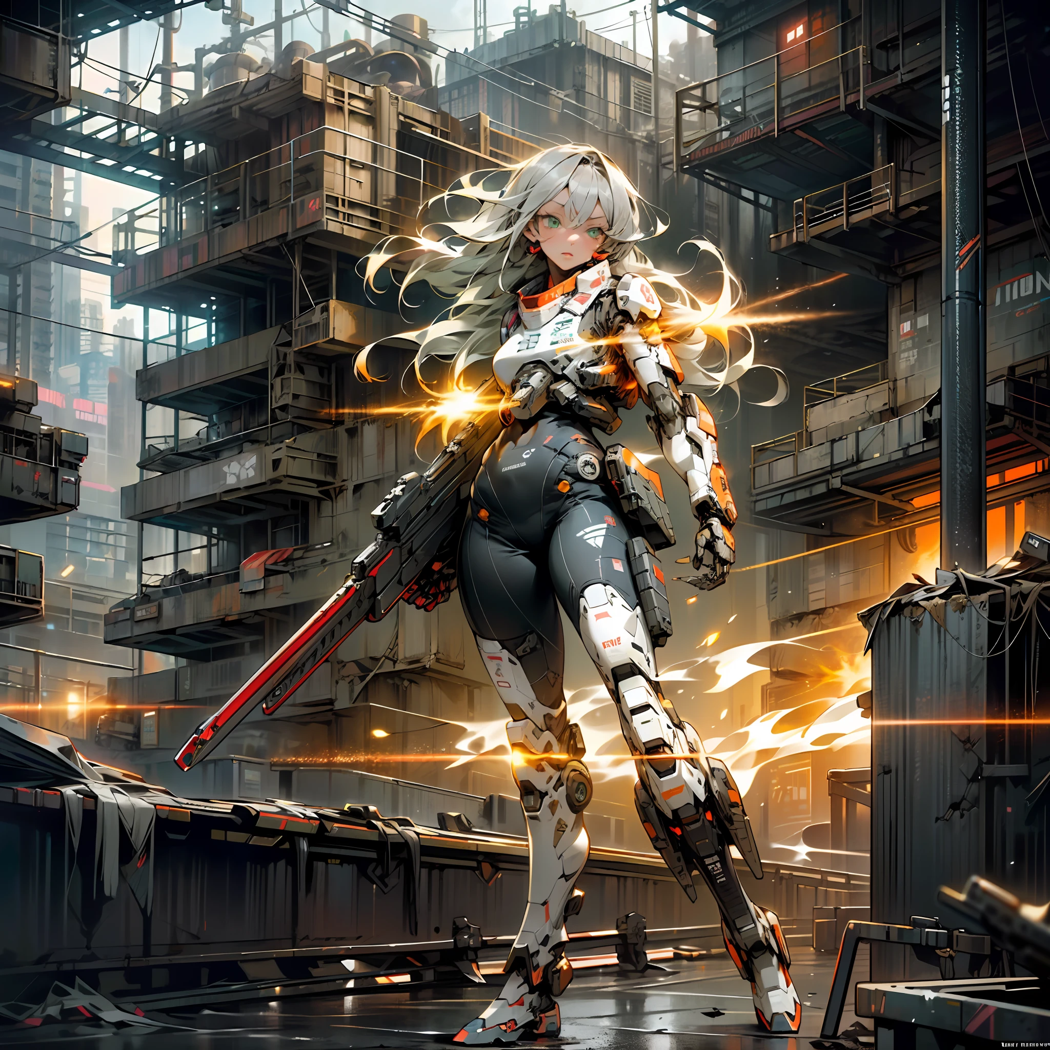 1girl , running and shooting a rail gun, smoke, explosion, debris, (battlefield:1.4), (running:1.4), (shooting:1.4), (Rail gun:1.4), (Thick Body:1.4), (Long Grey Hair:1.4), Green Eyes, On the moon,barren planets, ruins,, no_humans, glowing, robot, building, glowing_eyes,orange mecha, science_fiction, city, realistic,mecha,Milky Way Galaxy background,neon,cyberpunk, On the moon,barren planets, ruins, holding_weapon, no_humans, glowing, robot, building, glowing_eyes,orange mecha, science_fiction, city, realistic,mecha,Milky Way Galaxy background,neon,cyberpunk,