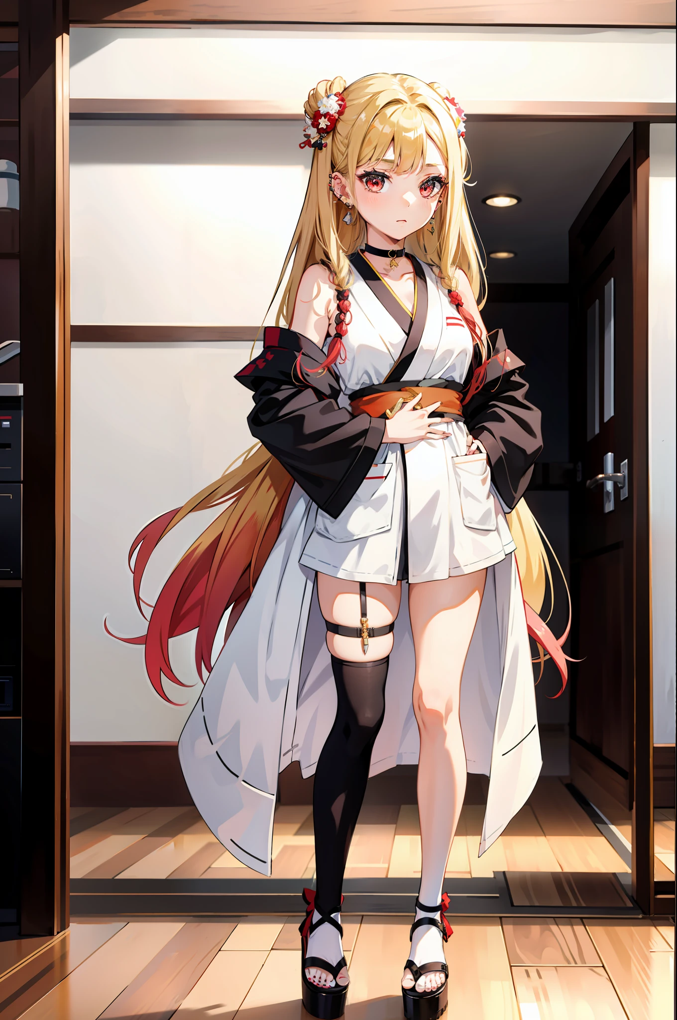 1girl, Marin Kitagawa, long hair, blonde hair, red eyes, piercing, earrings, ear piercing, stud earrings, black choker, bead bracelet, wrist scrunchie, long fingernails, gyaru, (kimono:1.2), shy, white toe socks, clogs,, (masterpiece:1.2), highres, best quality, 8k, very clear,
